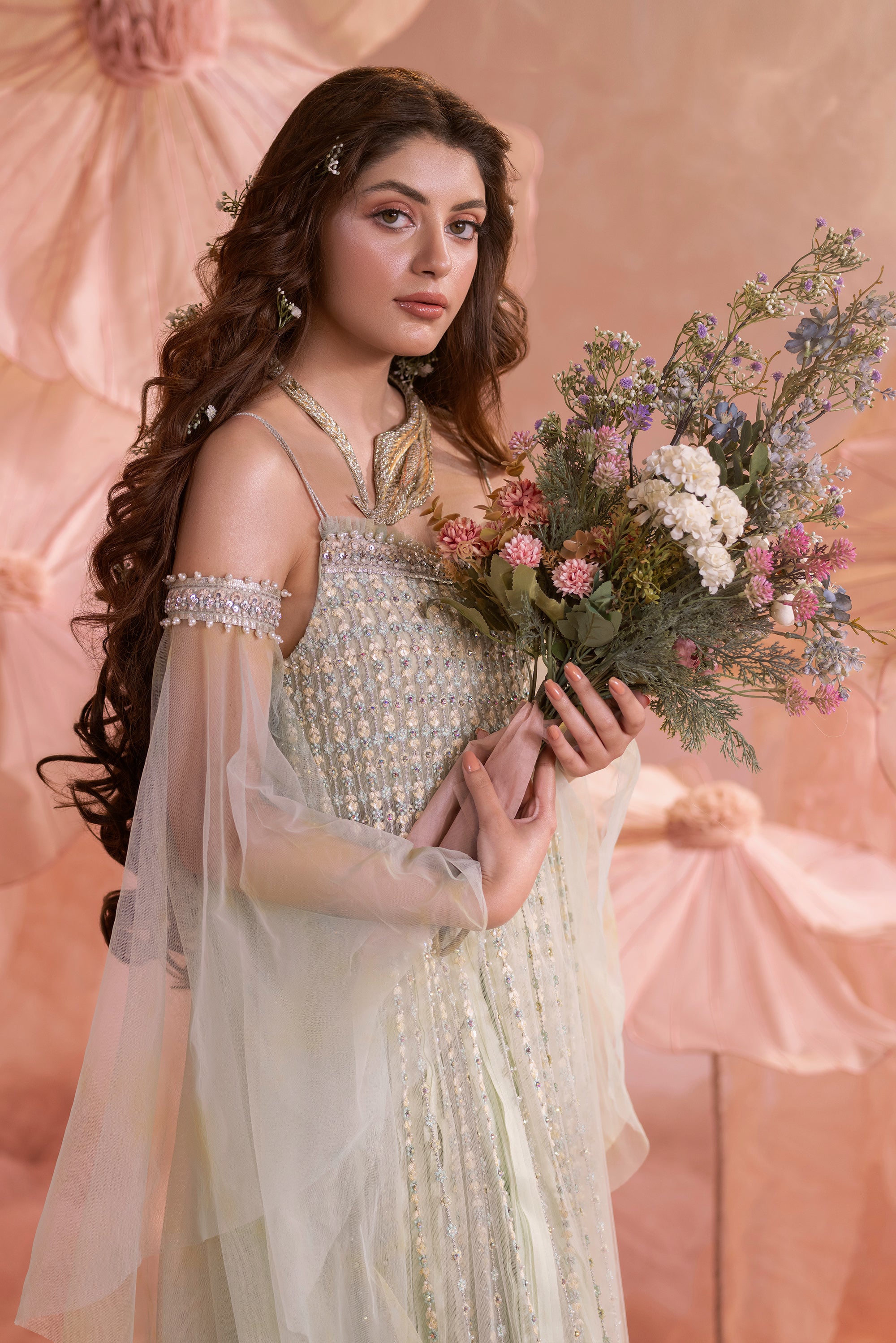 Pakistani Apple Green Embroidered Net Pishwas Dress (3-Piece) - Image 4