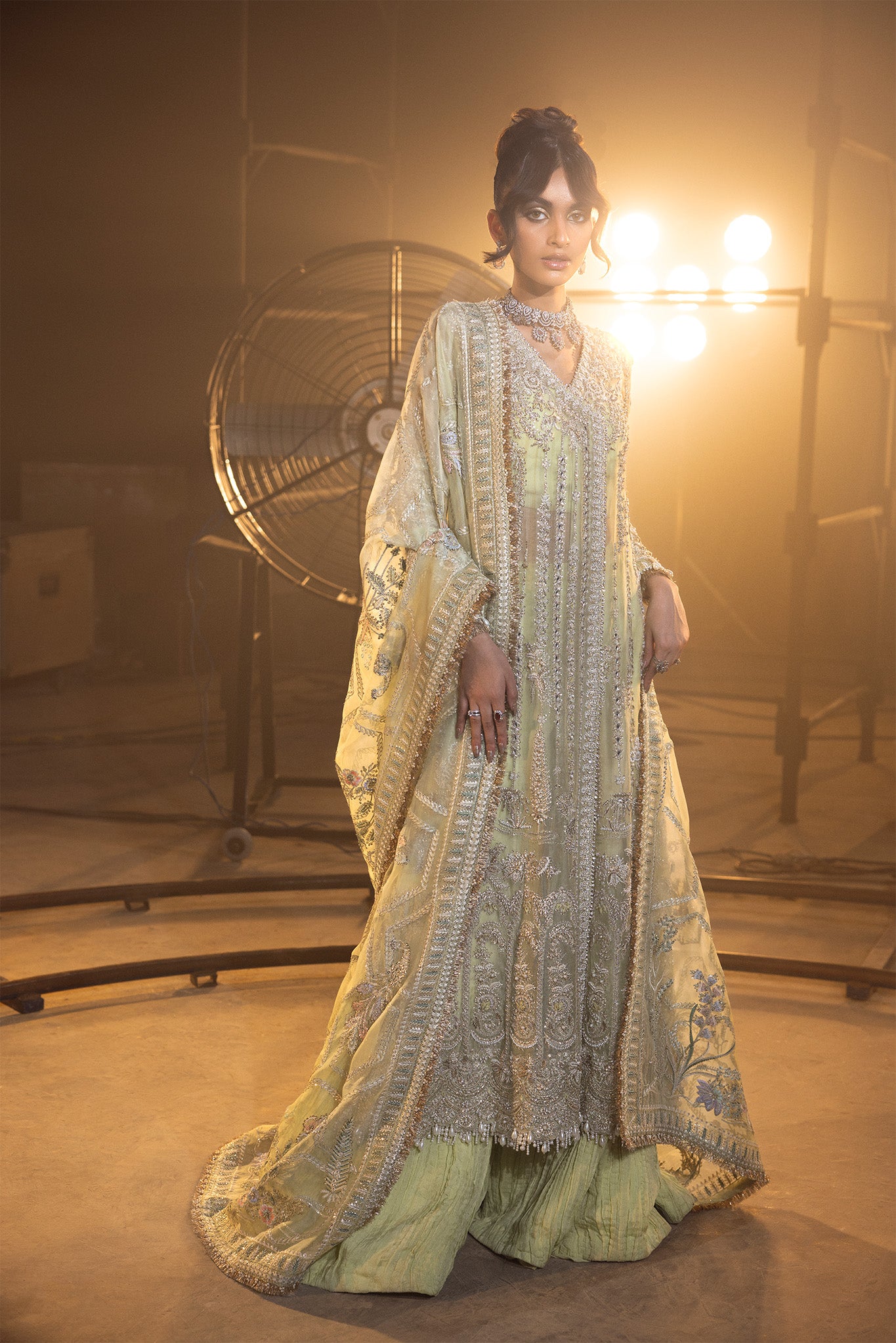 Pakistani Pistachio Silver Embroidered Net Bridal Sharara (3-Piece) - Image 1