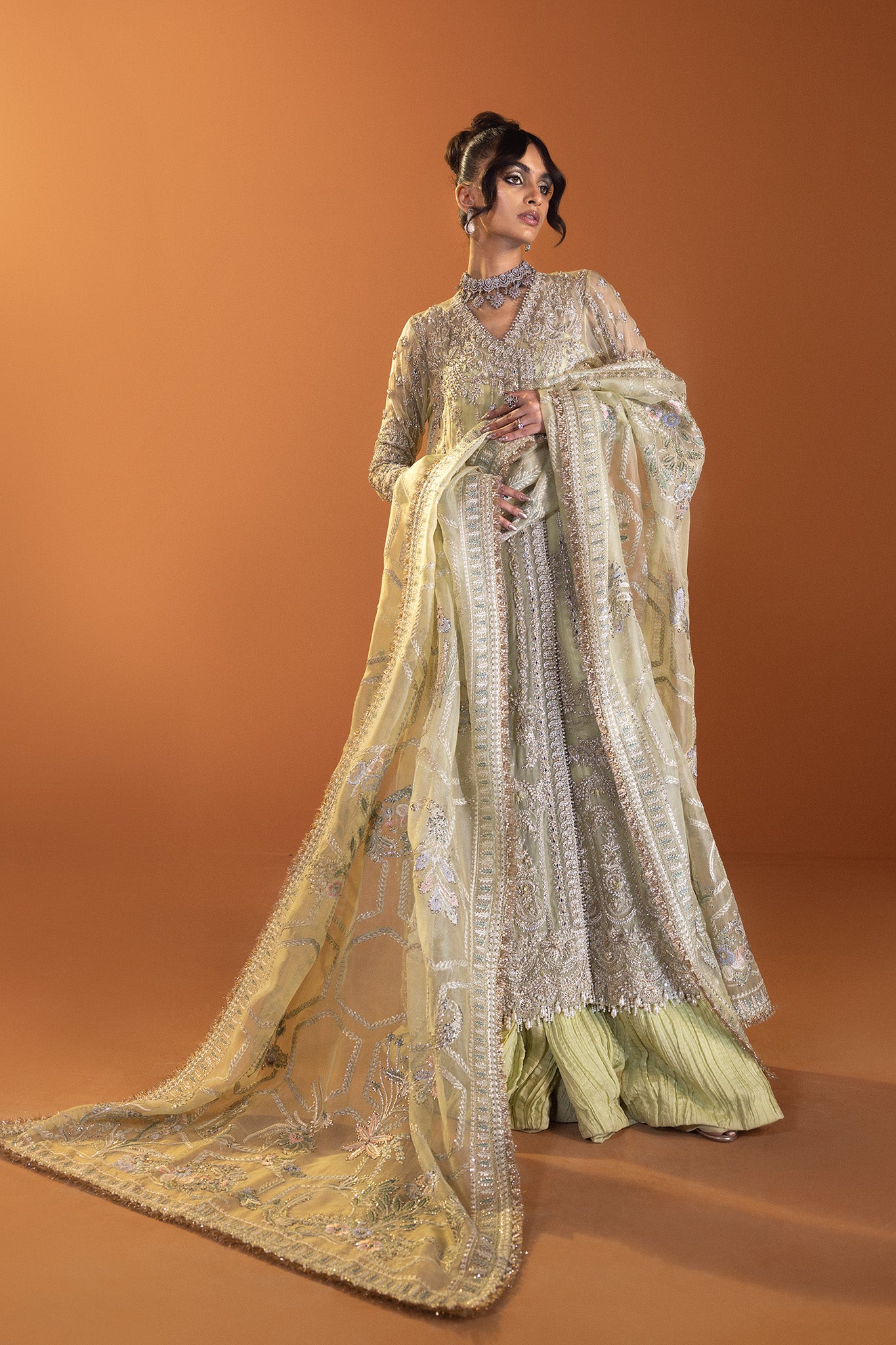 Pakistani Pistachio Silver Embroidered Net Bridal Sharara (3-Piece) - Image 2