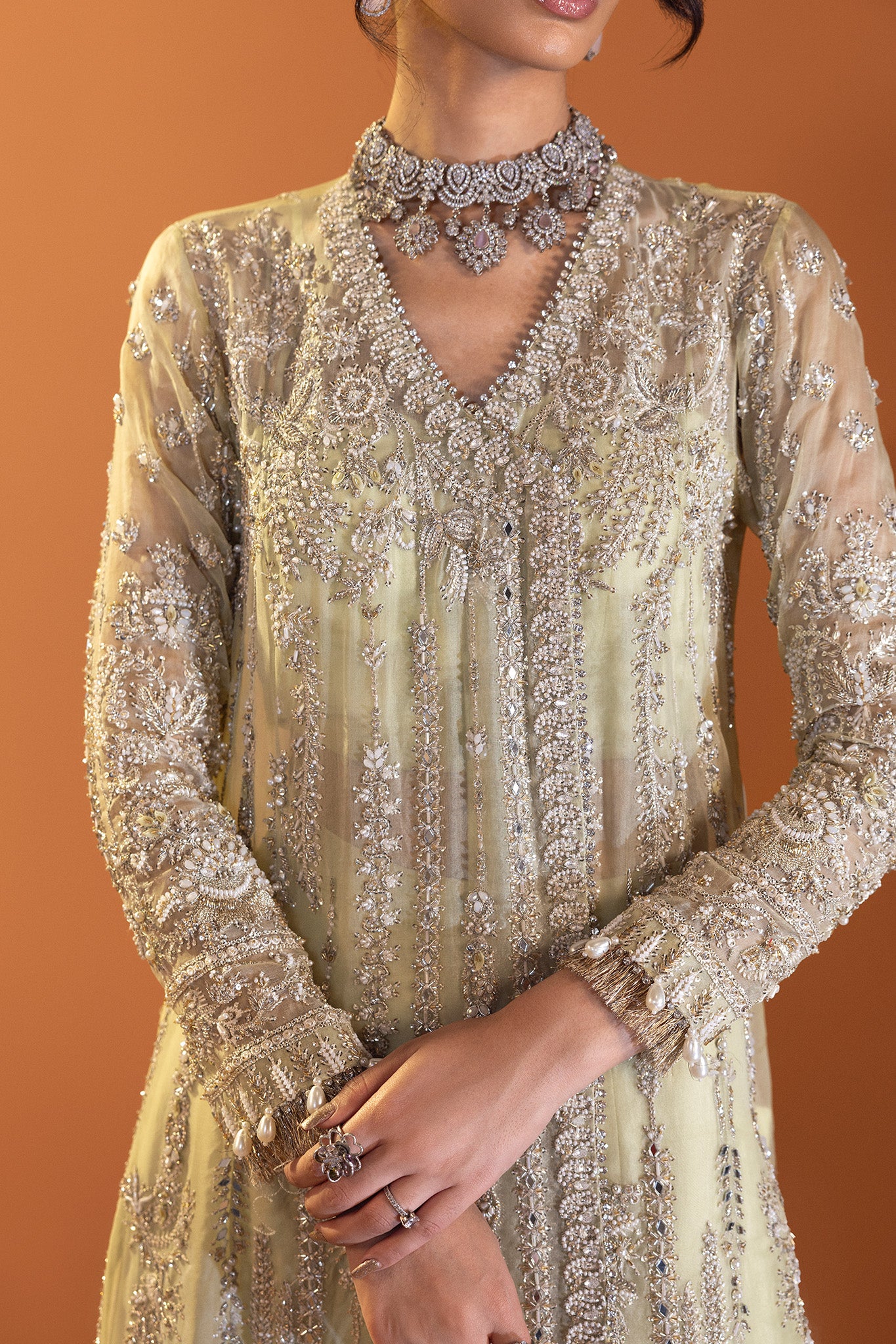 Pakistani Pistachio Silver Embroidered Net Bridal Sharara (3-Piece) - Image 3