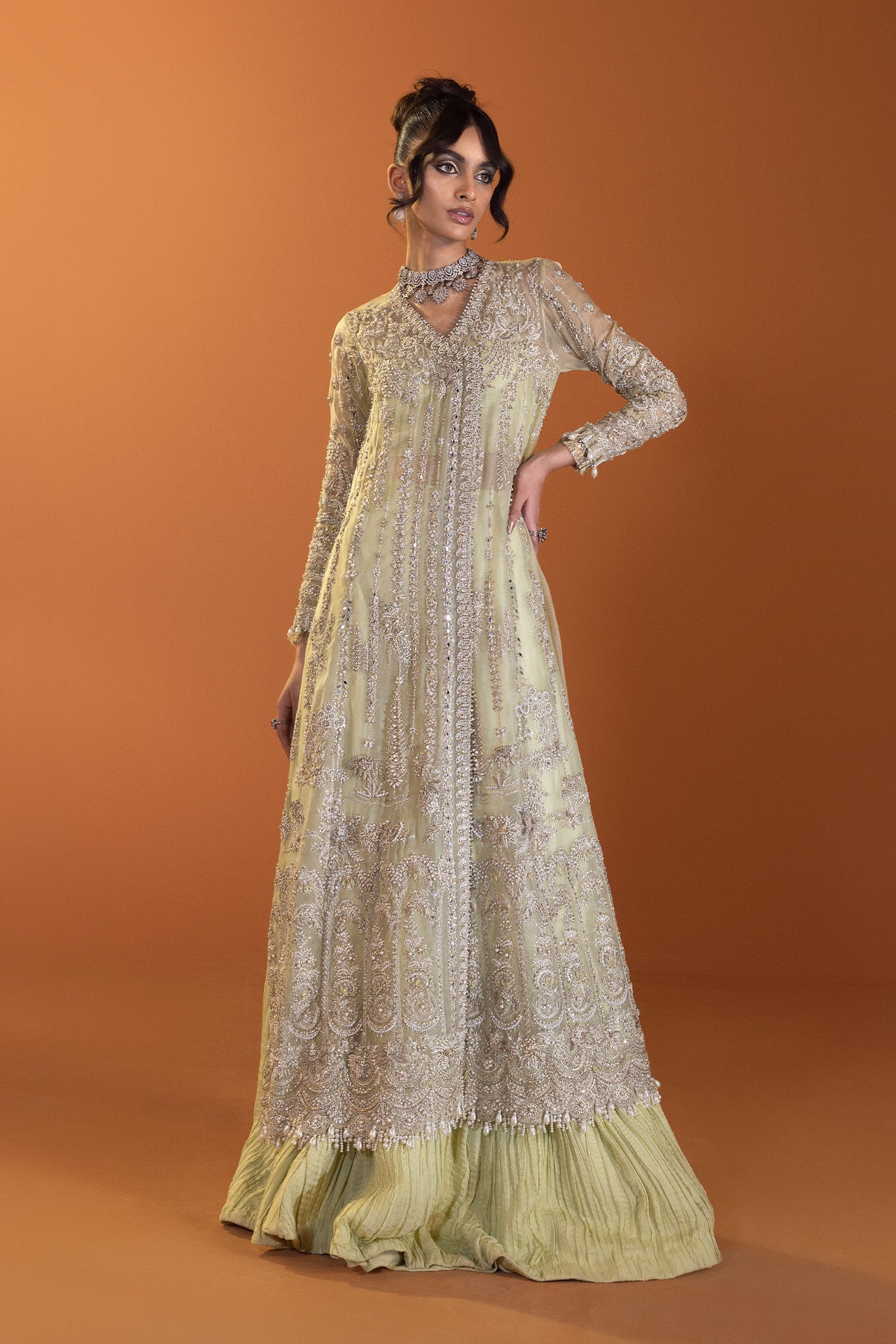 Pakistani Pistachio Silver Embroidered Net Bridal Sharara (3-Piece) - Image 4