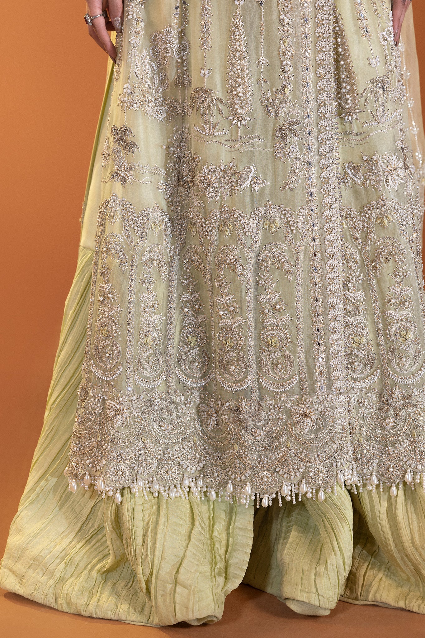 Pakistani Pistachio Silver Embroidered Net Bridal Sharara (3-Piece) - Image 5