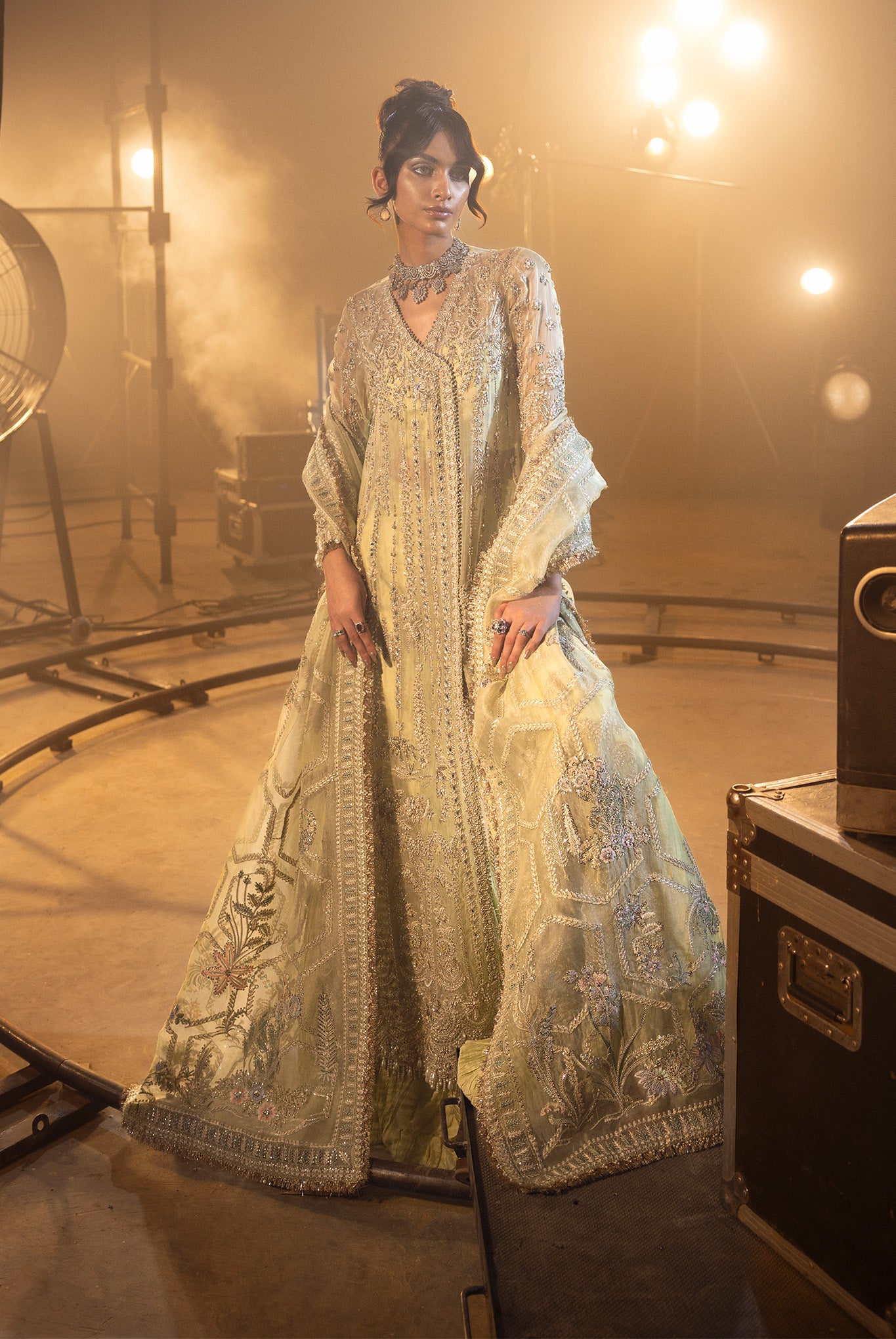 Pakistani Pistachio Silver Embroidered Net Bridal Sharara (3-Piece) - Image 6