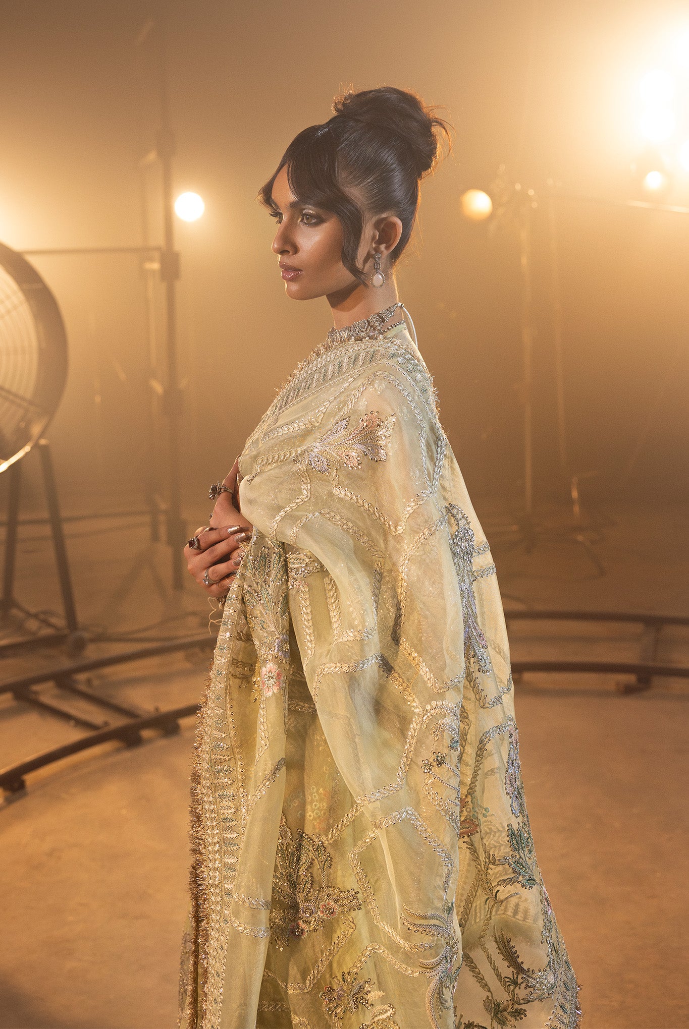 Pakistani Pistachio Silver Embroidered Net Bridal Sharara (3-Piece) - Image 7