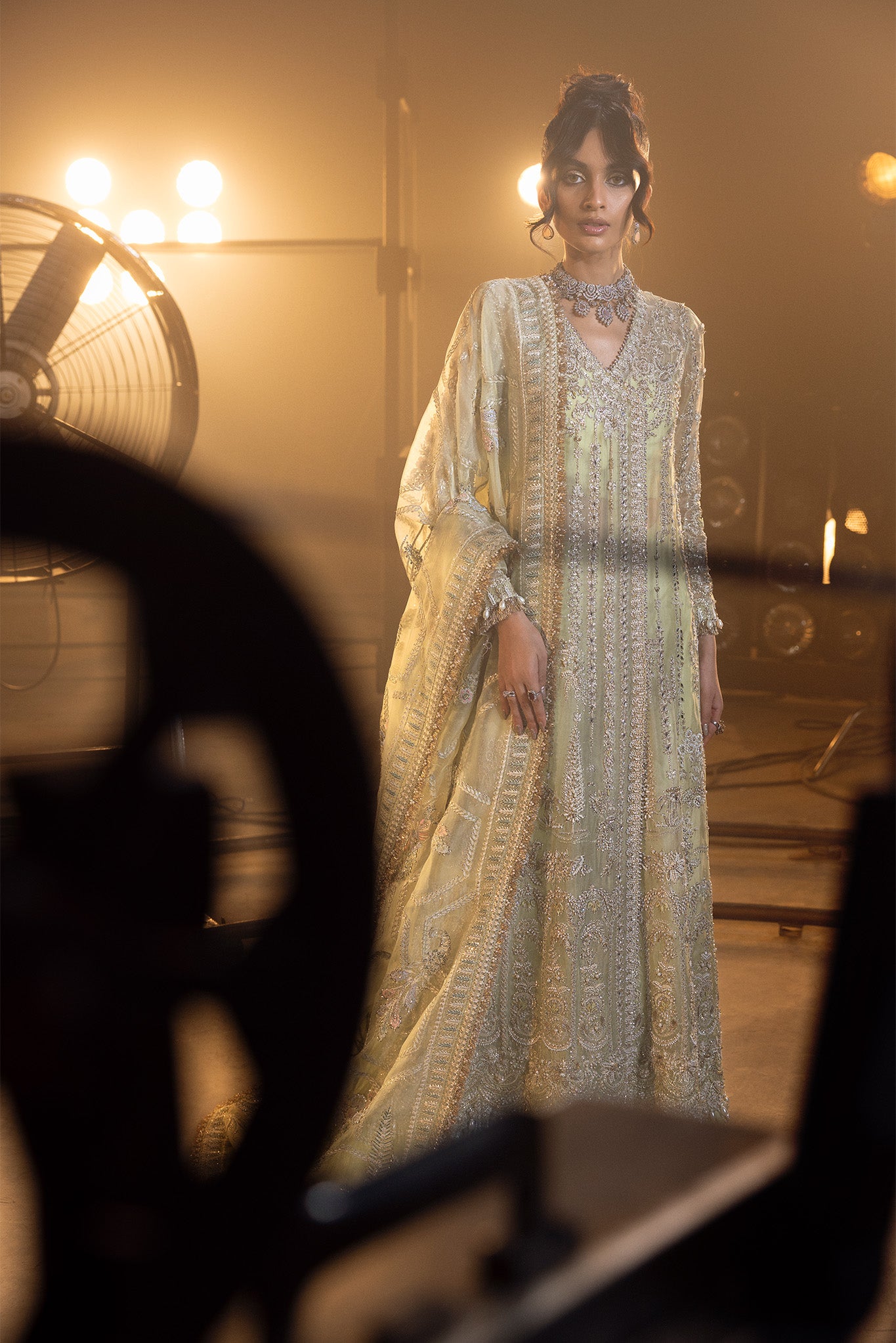 Pakistani Pistachio Silver Embroidered Net Bridal Sharara (3-Piece) - Image 8