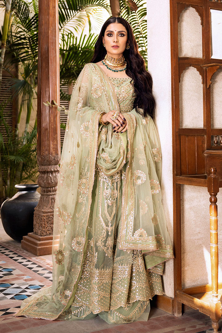 Pakistani Pastel Sage Embroidered Net Sharara Set (3-Piece) - Image 1