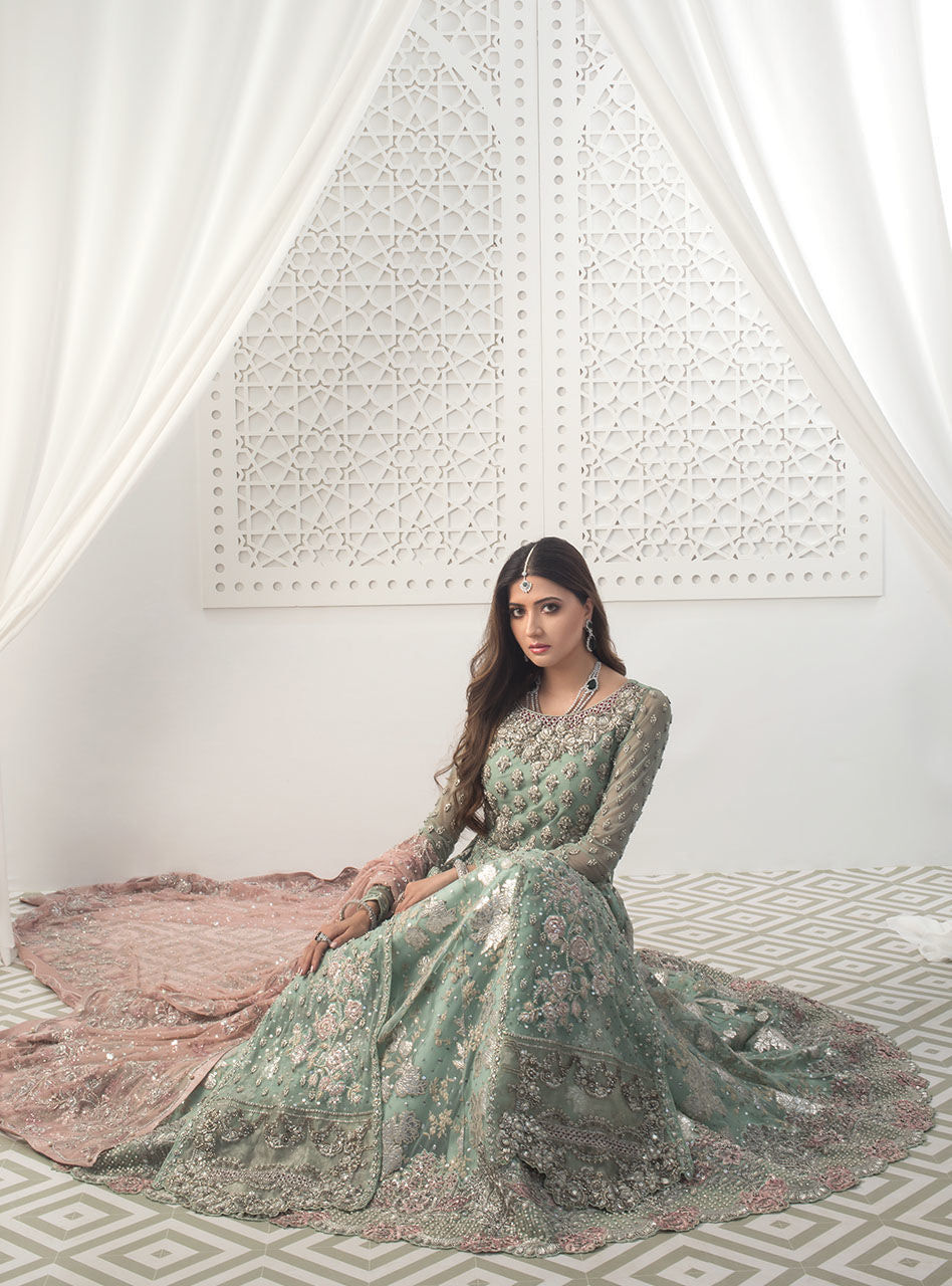 Pakistani Mint Embellished Net Sharara Dress (3-Piece) - Image 3