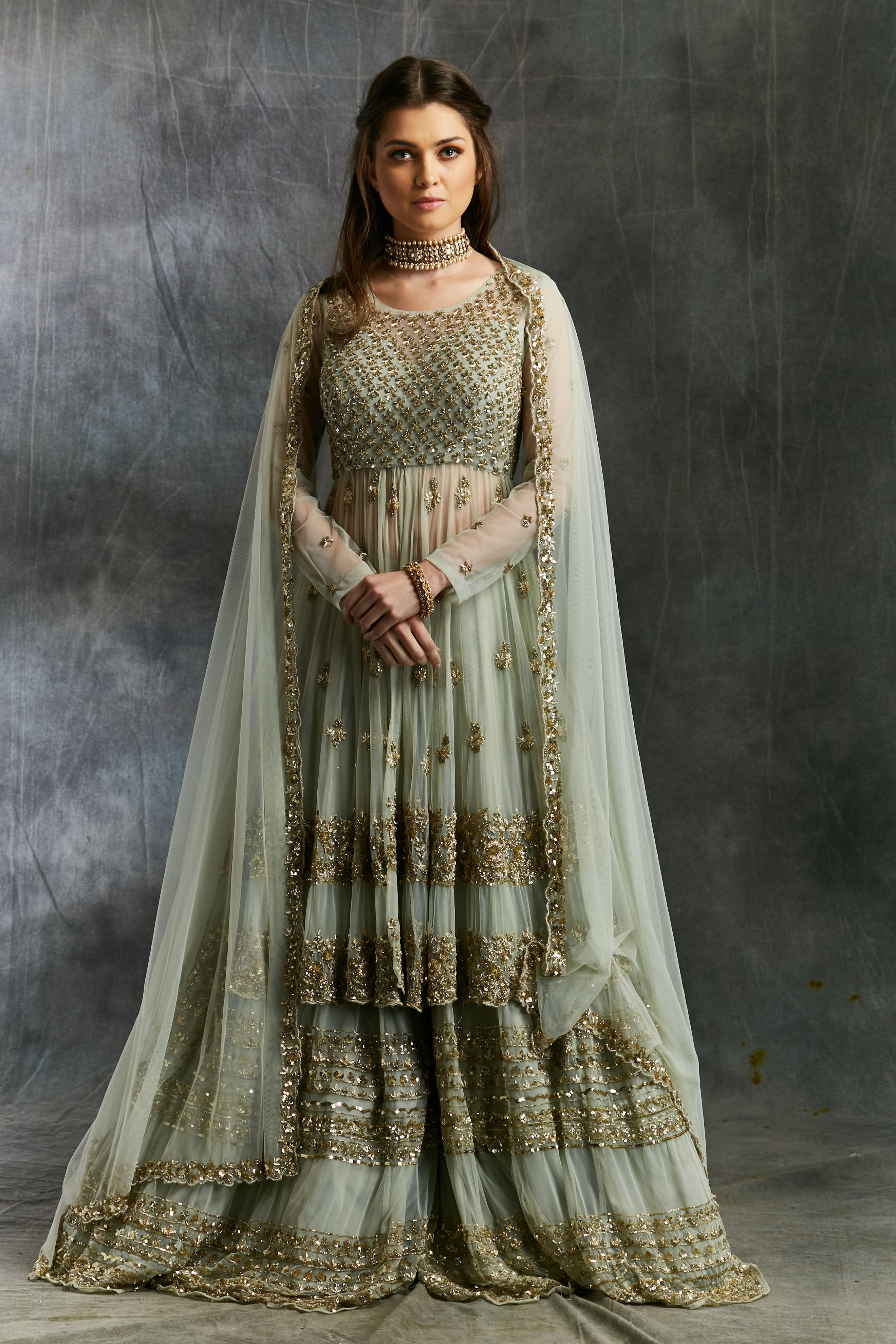 Sea Green Zari Sequin Net Sharara (3-Piece) - Image 1