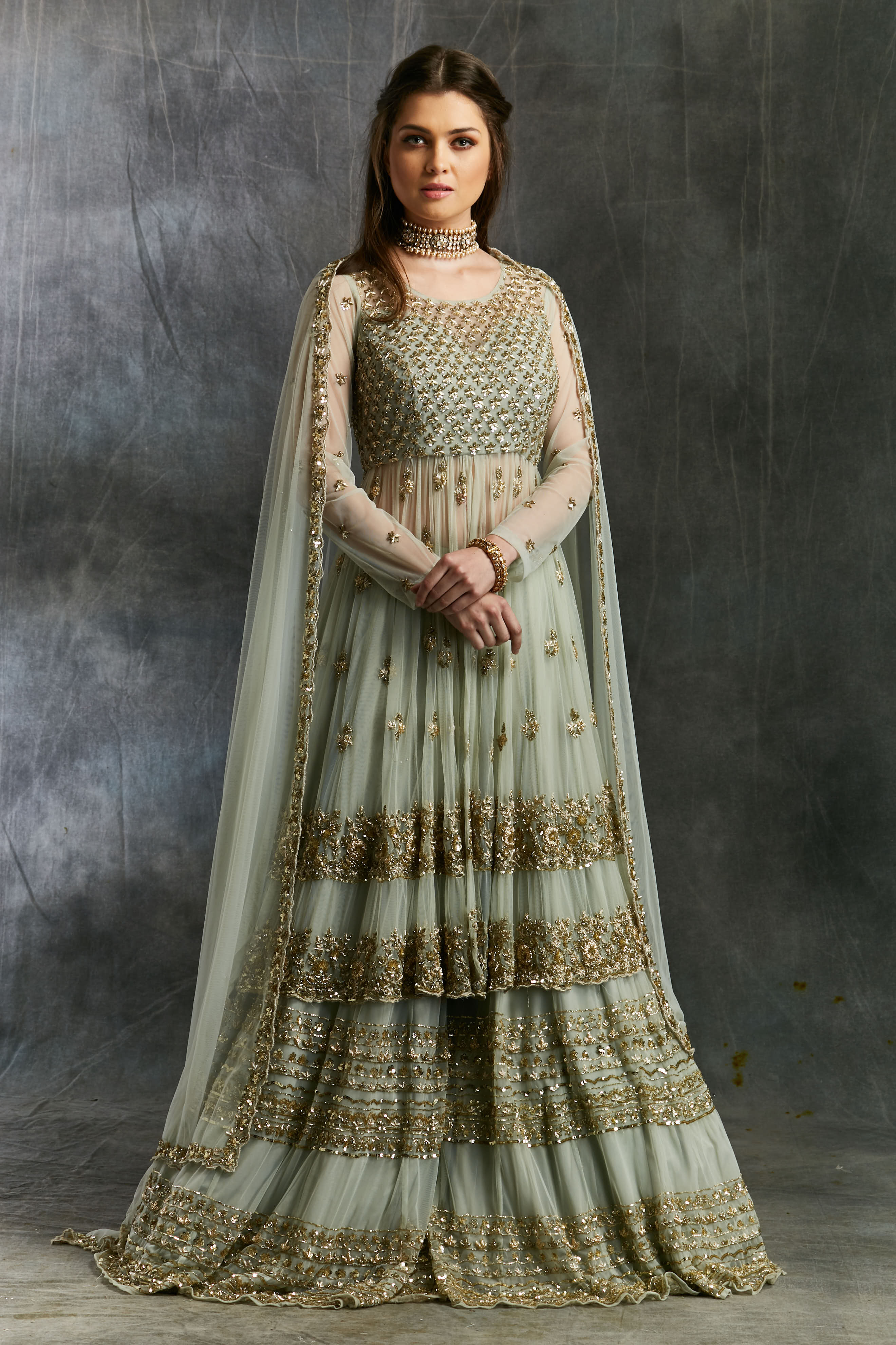 Sea Green Zari Sequin Net Sharara (3-Piece) - Image 10