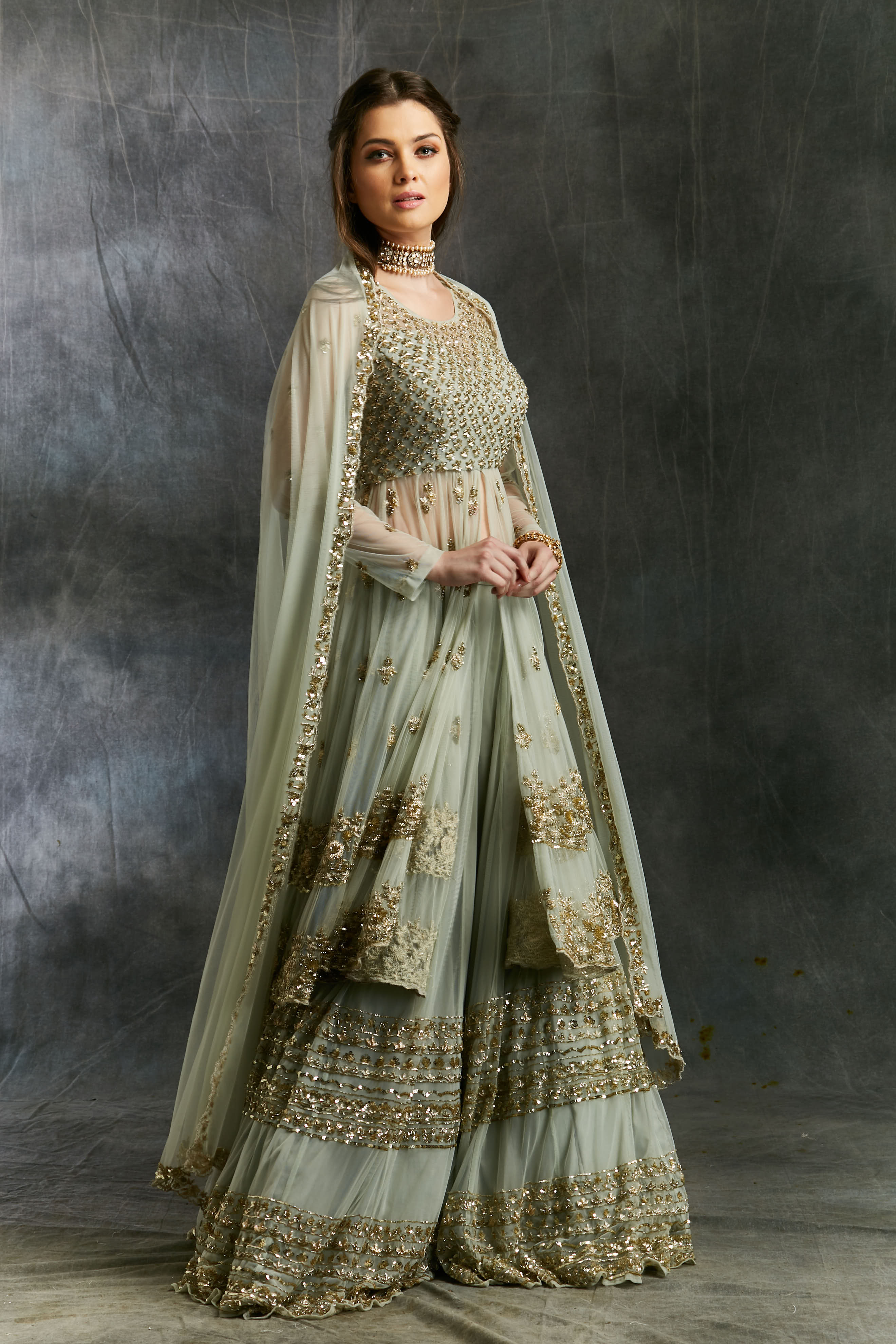 Sea Green Zari Sequin Net Sharara (3-Piece) - Image 11