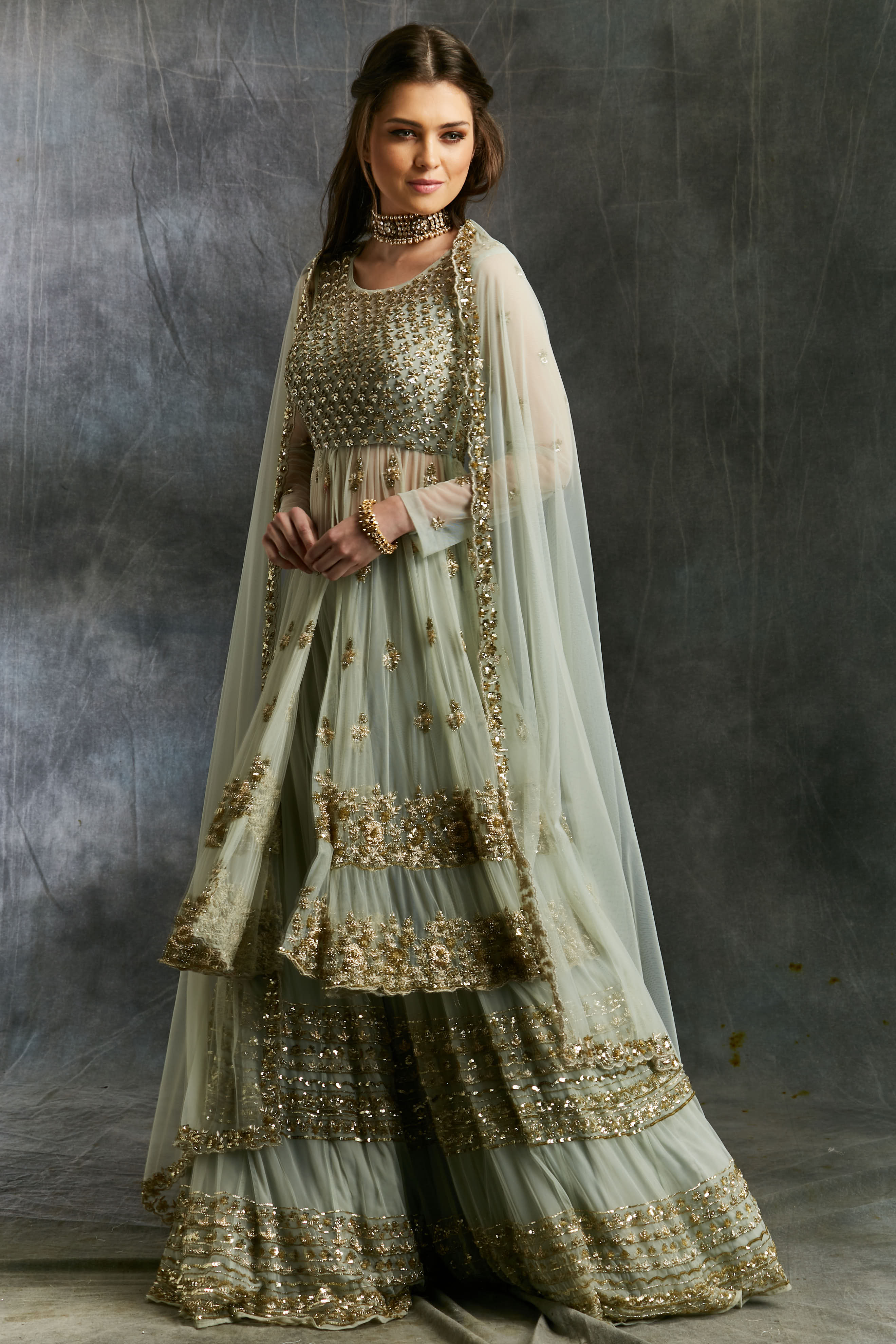 Sea Green Zari Sequin Net Sharara (3-Piece) - Image 12