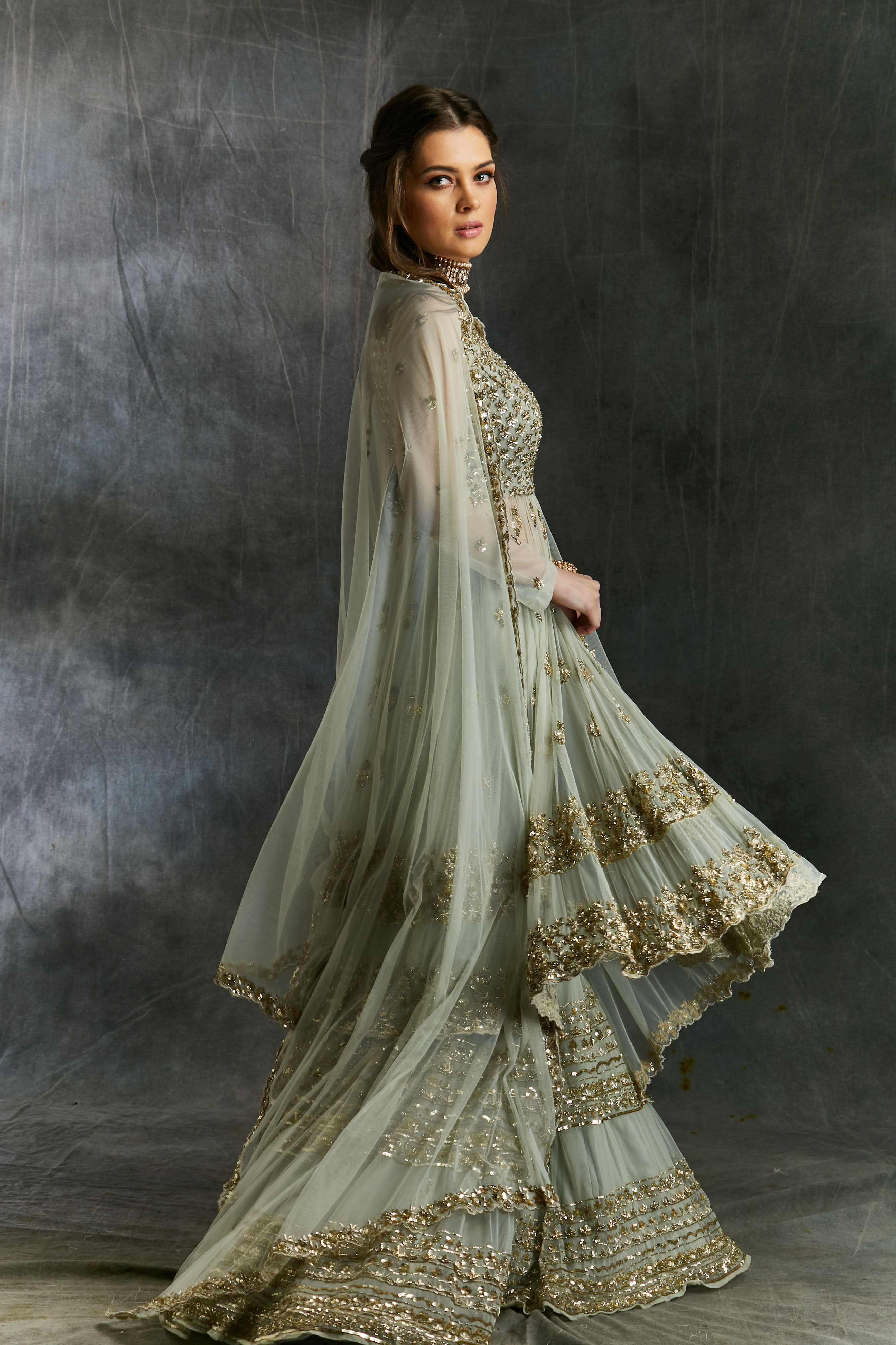 Sea Green Zari Sequin Net Sharara (3-Piece) - Image 13