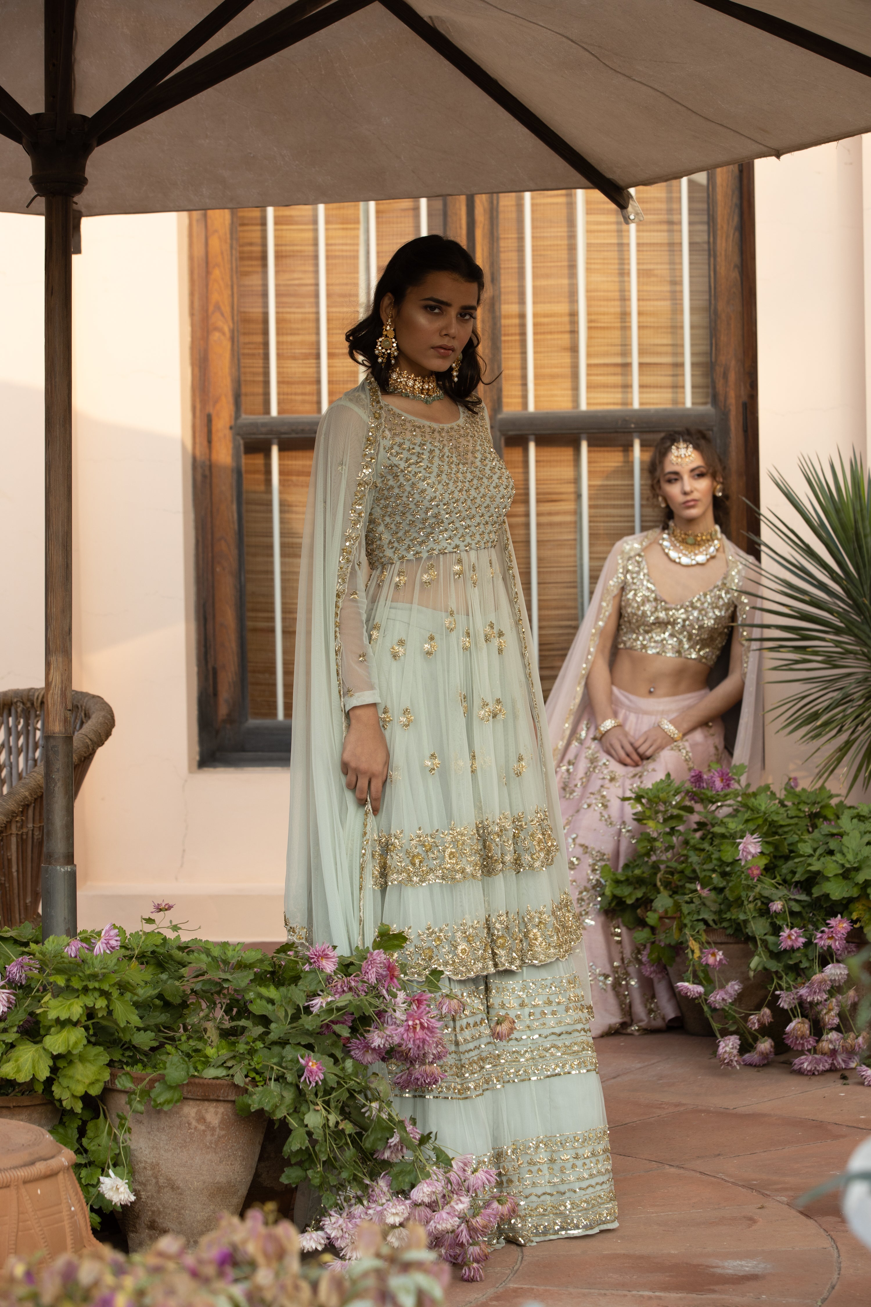 Sea Green Zari Sequin Net Sharara (3-Piece) - Image 2