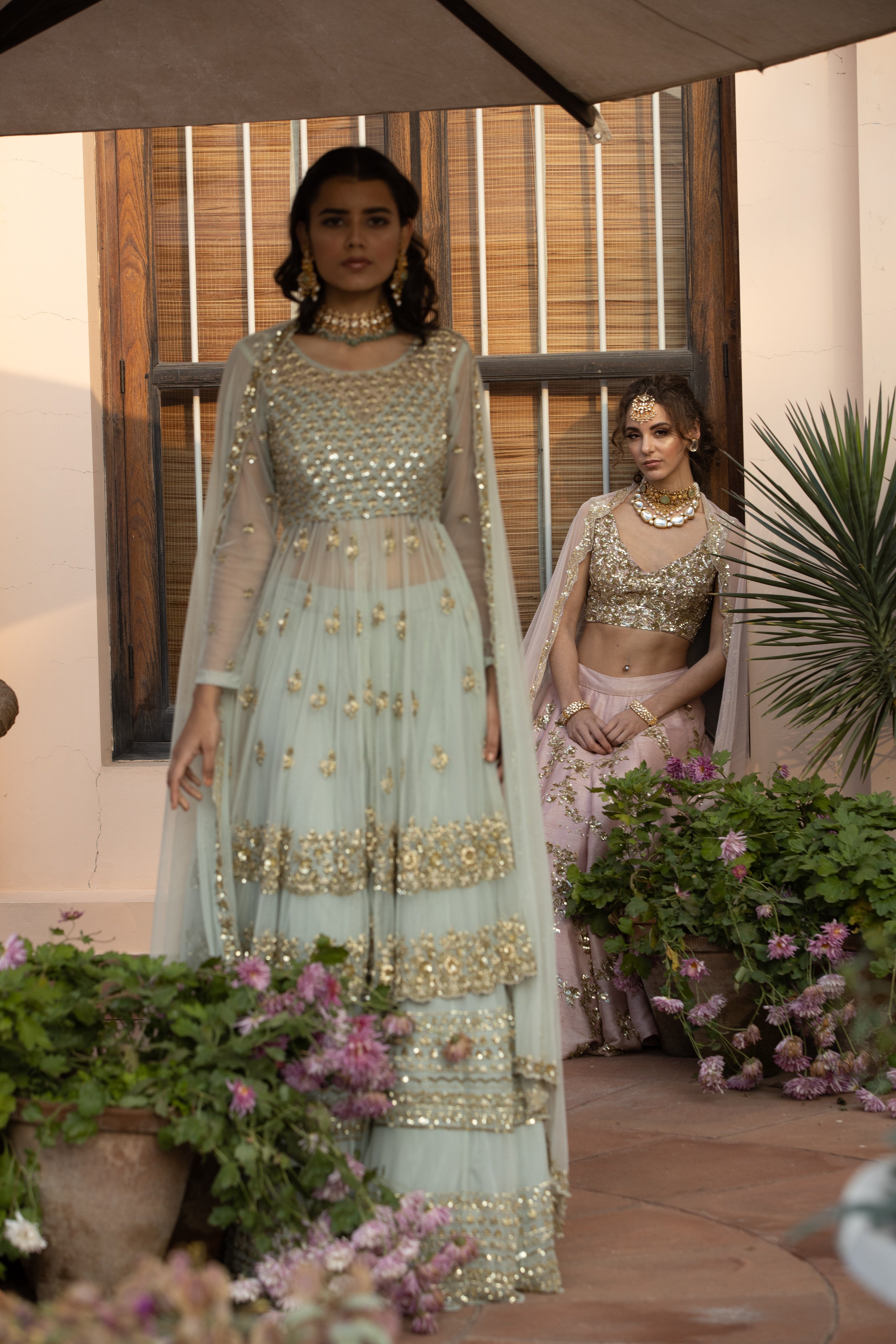 Sea Green Zari Sequin Net Sharara (3-Piece) - Image 4