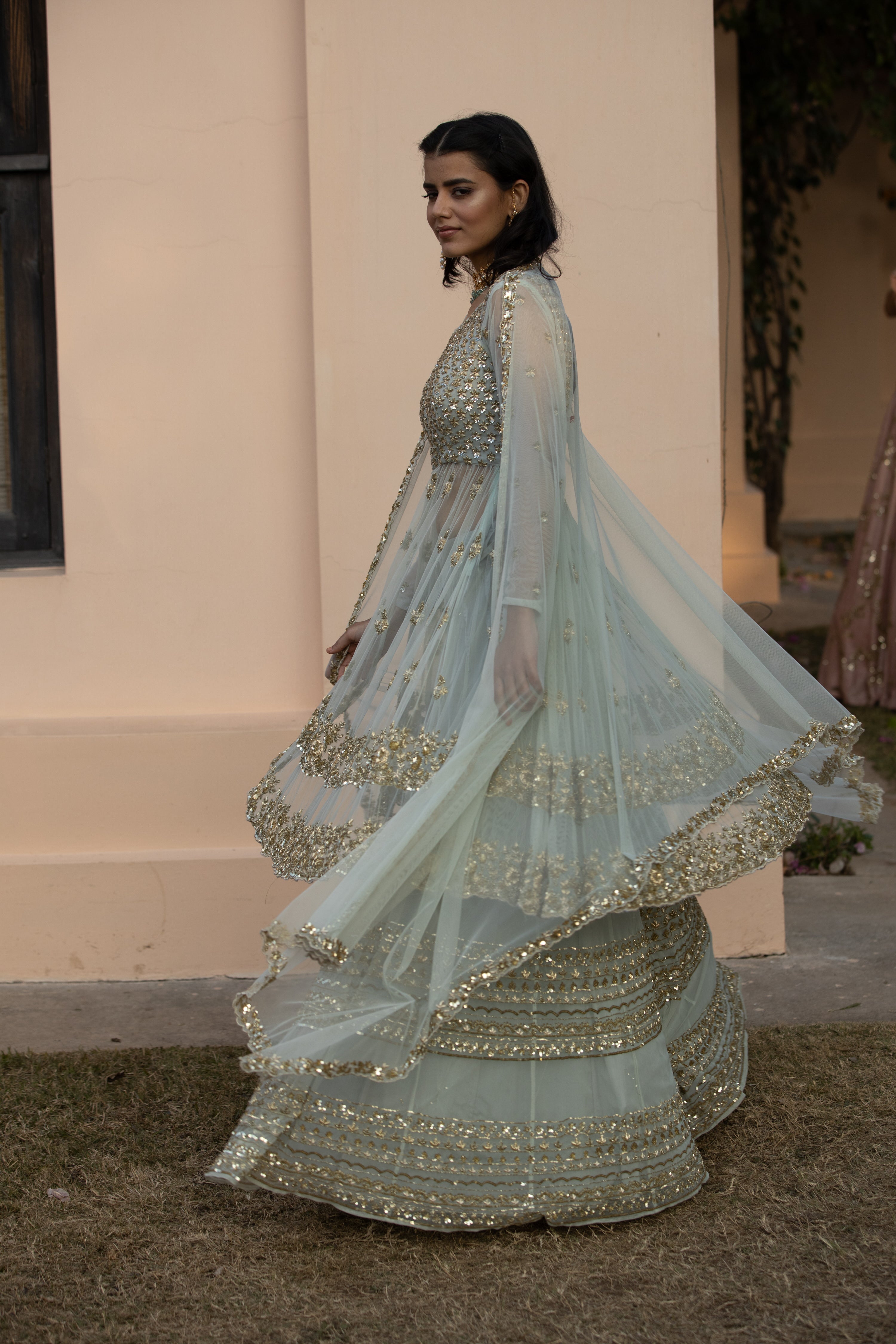 Sea Green Zari Sequin Net Sharara (3-Piece) - Image 5