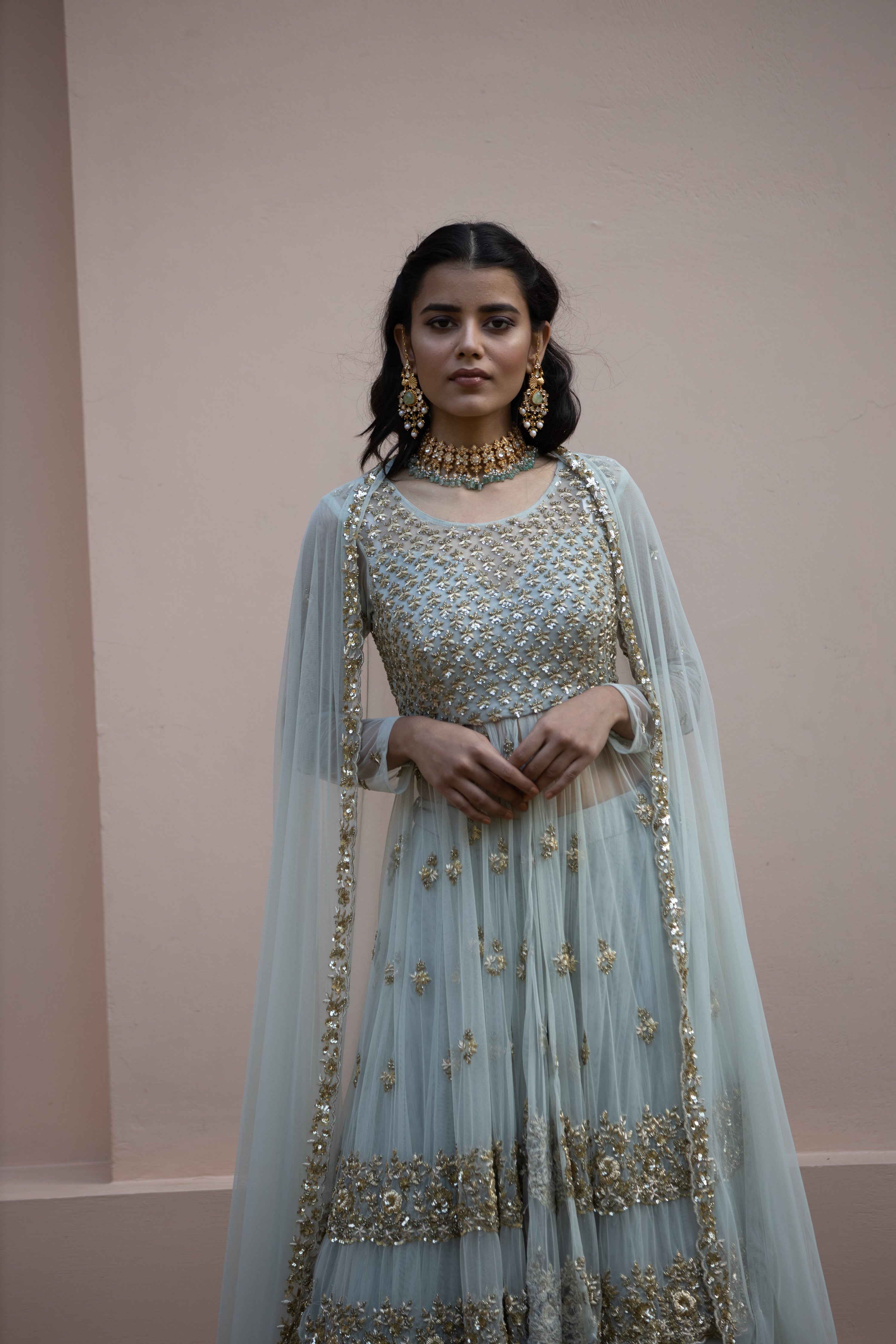 Sea Green Zari Sequin Net Sharara (3-Piece) - Image 6