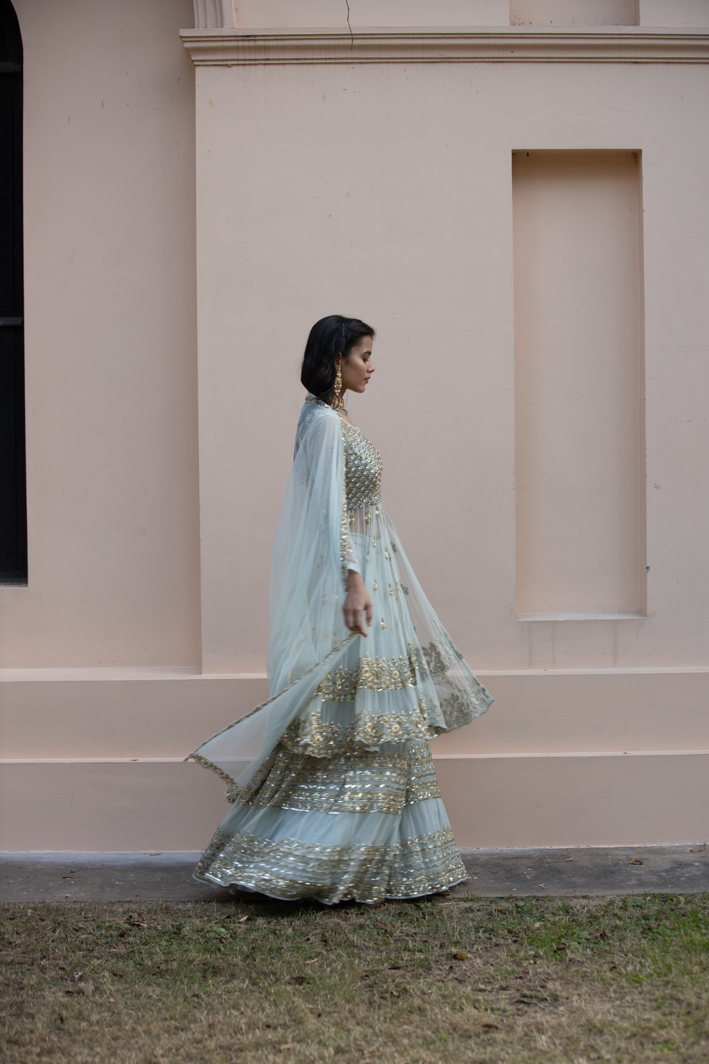 Sea Green Zari Sequin Net Sharara (3-Piece) - Image 7