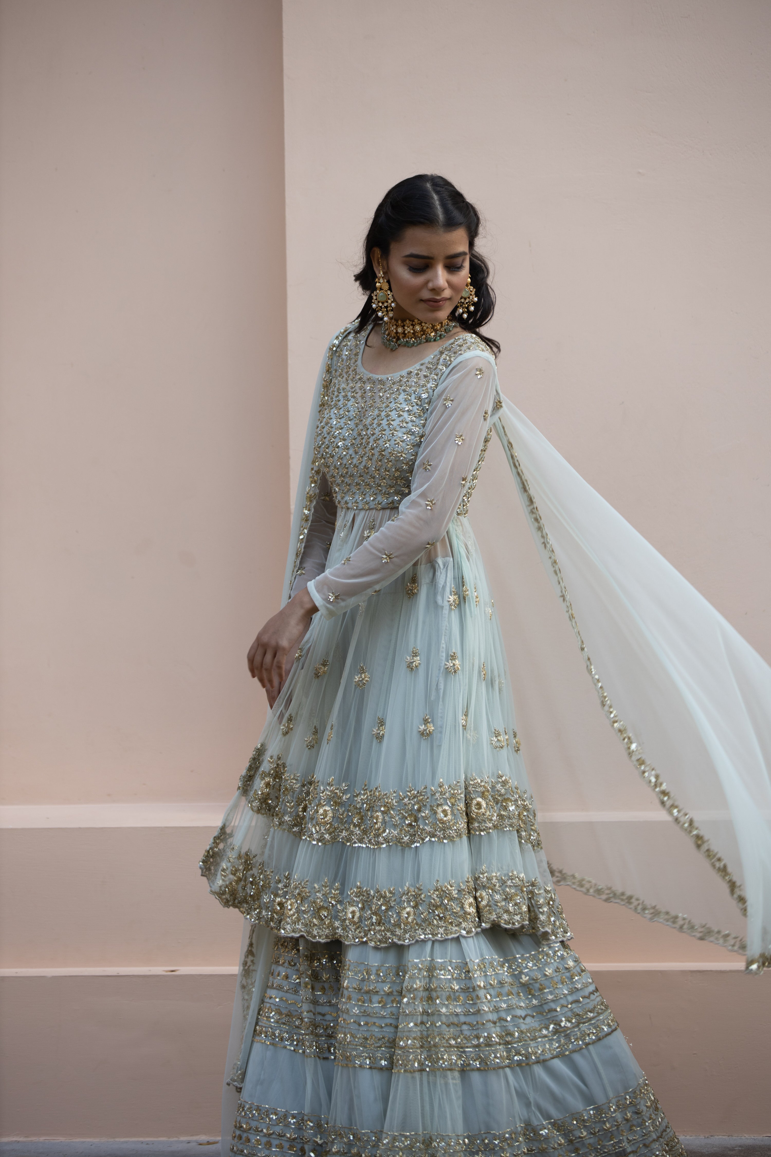 Sea Green Zari Sequin Net Sharara (3-Piece) - Image 8