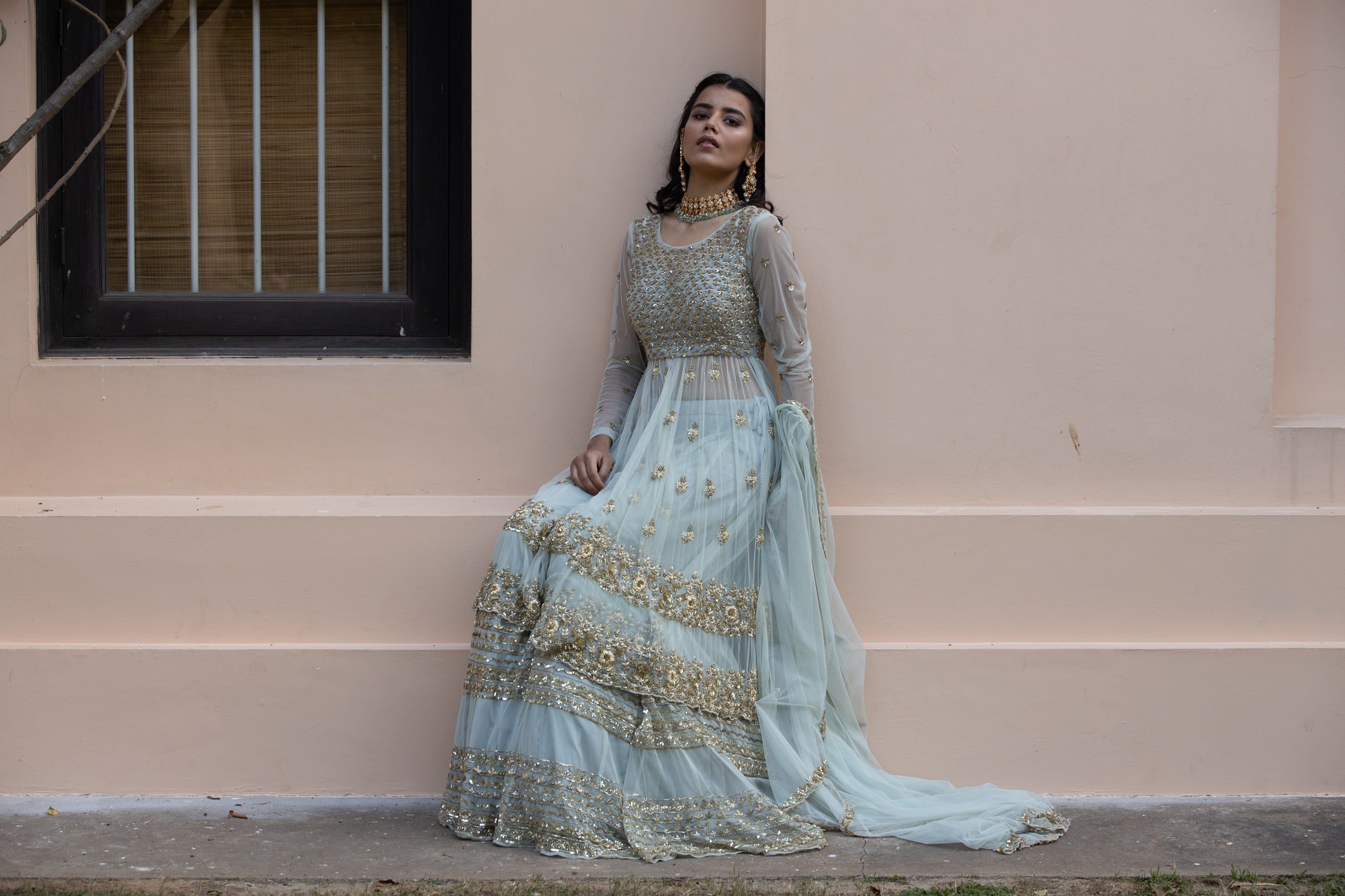 Sea Green Zari Sequin Net Sharara (3-Piece) - Image 9