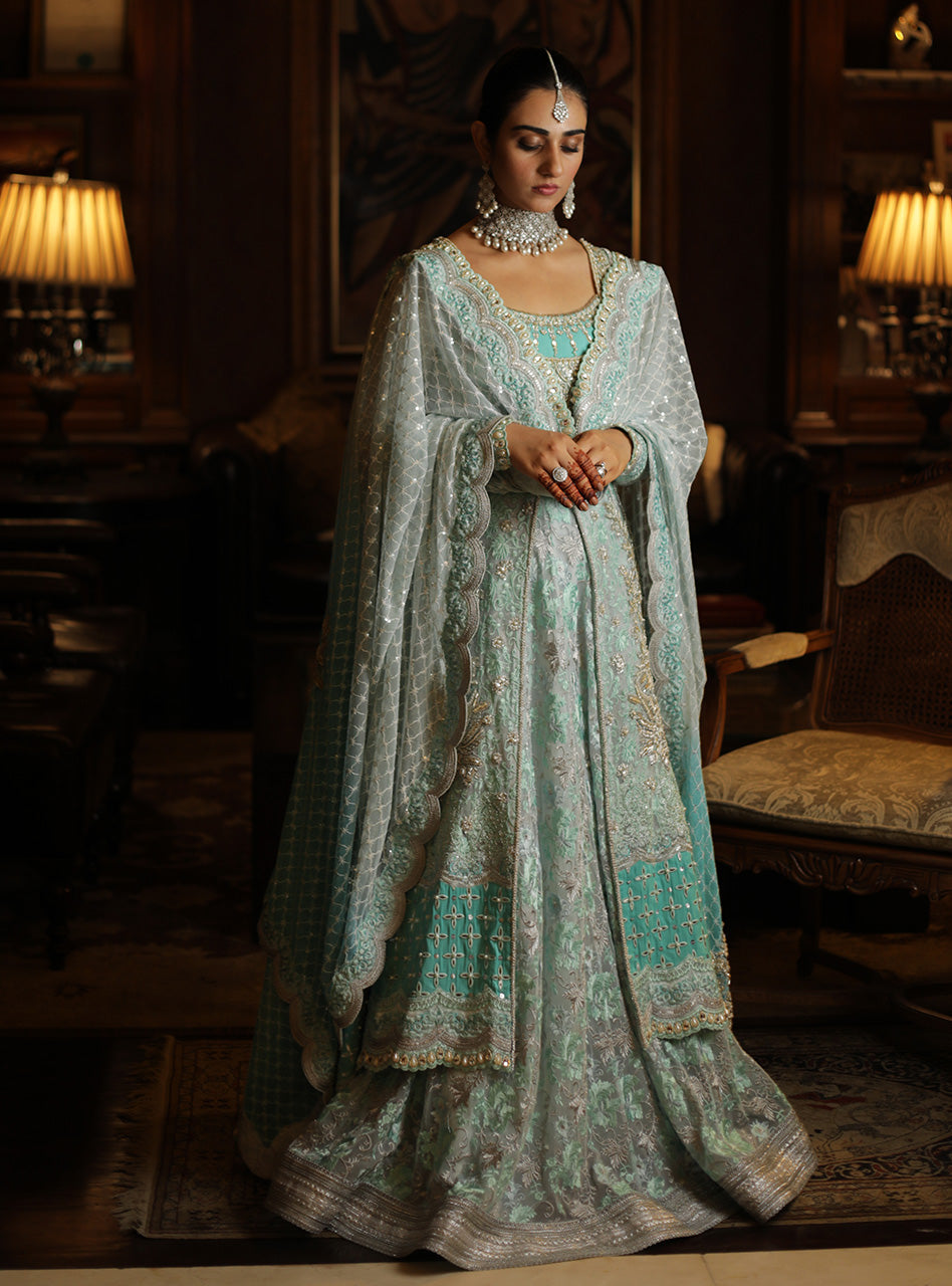 Seafoam Embroidered Net Front-Open Gown Sharara (3-Piece) - Image 1