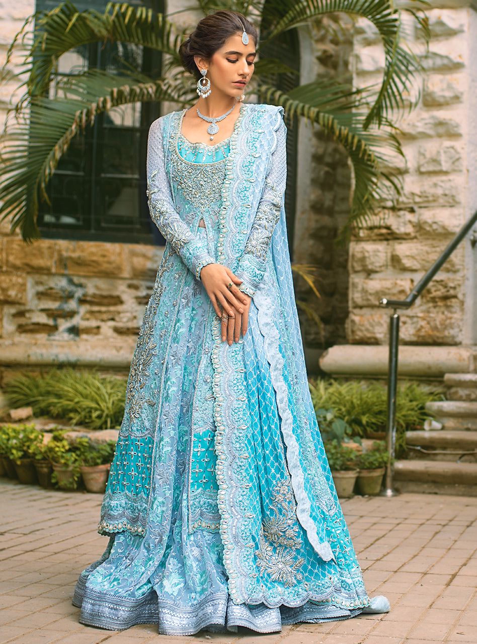 Seafoam Embroidered Net Front-Open Gown Sharara (3-Piece) - Image 2
