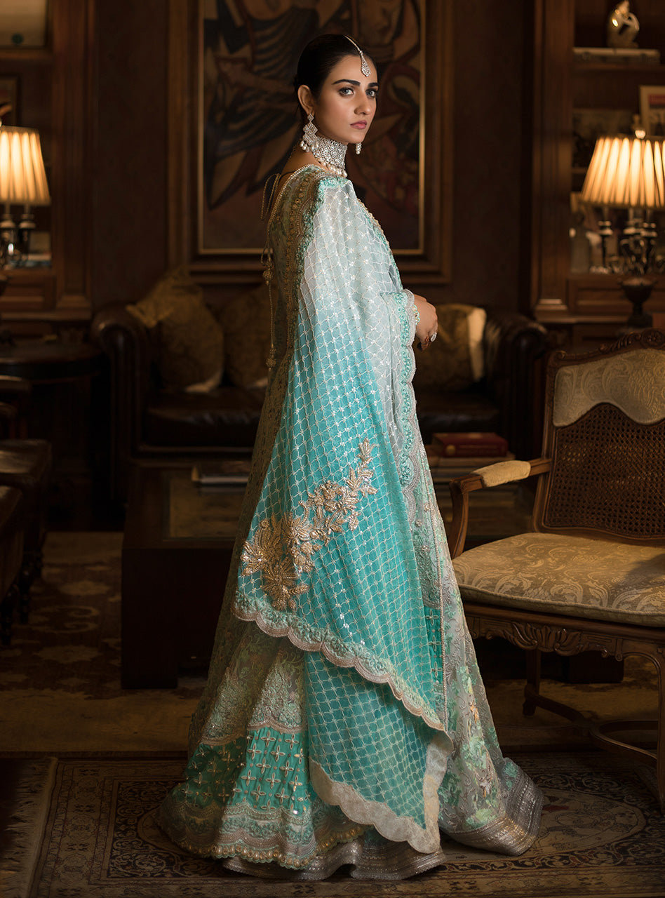 Seafoam Embroidered Net Front-Open Gown Sharara (3-Piece) - Image 3