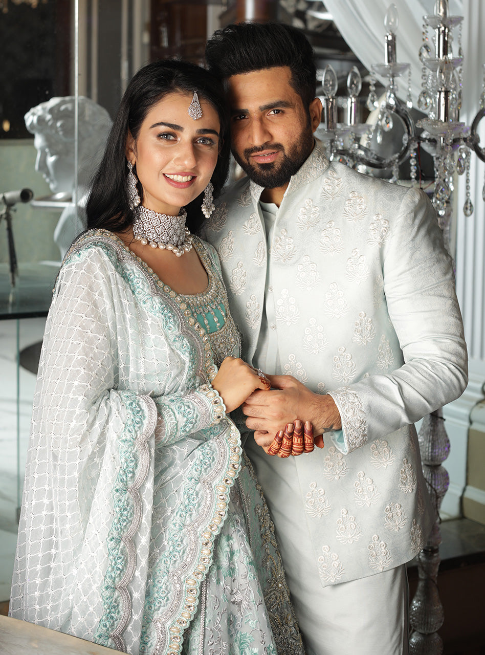 Seafoam Embroidered Net Front-Open Gown Sharara (3-Piece) - Image 4