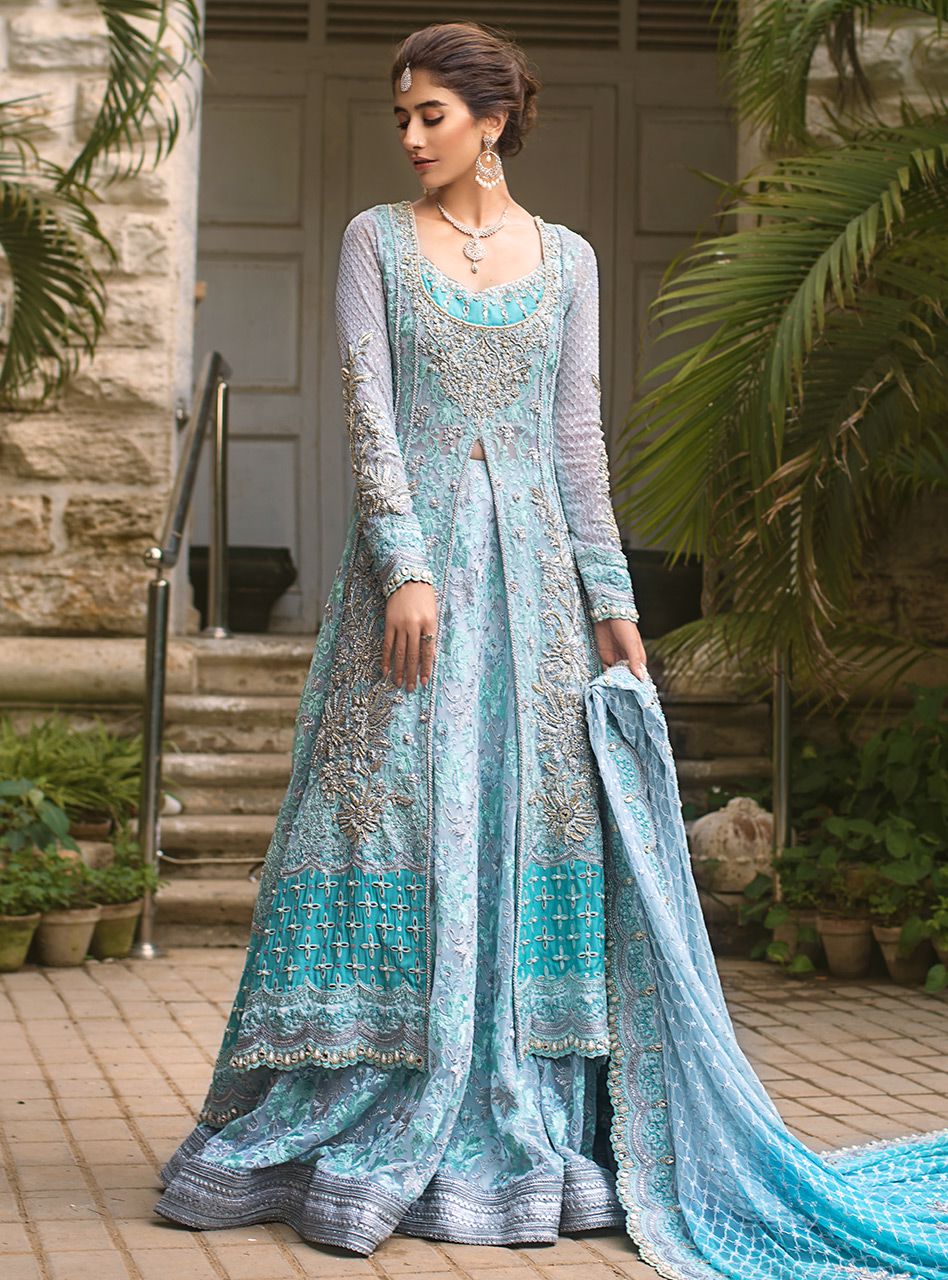 Seafoam Embroidered Net Front-Open Gown Sharara (3-Piece) - Image 5