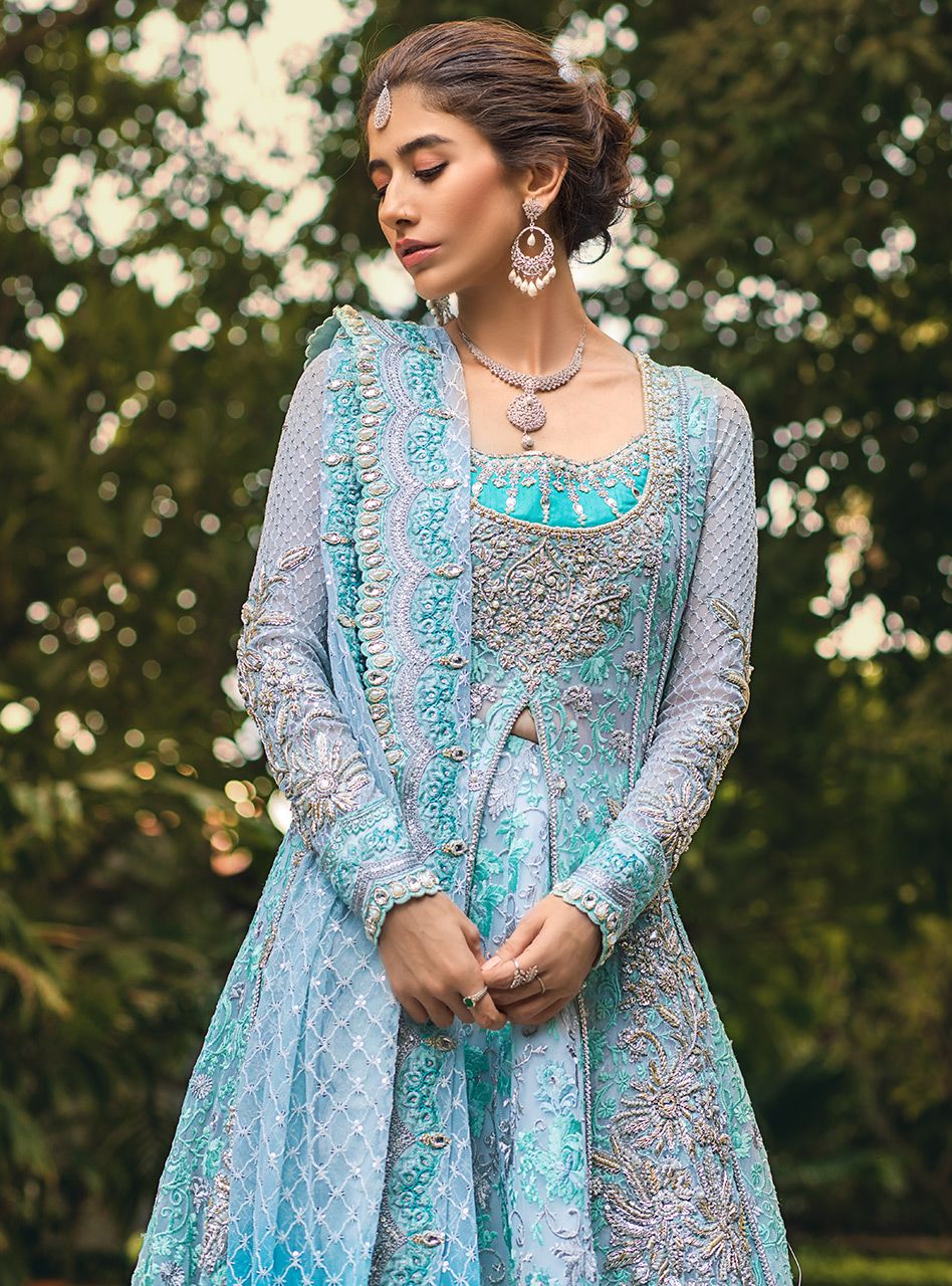 Seafoam Embroidered Net Front-Open Gown Sharara (3-Piece) - Image 6