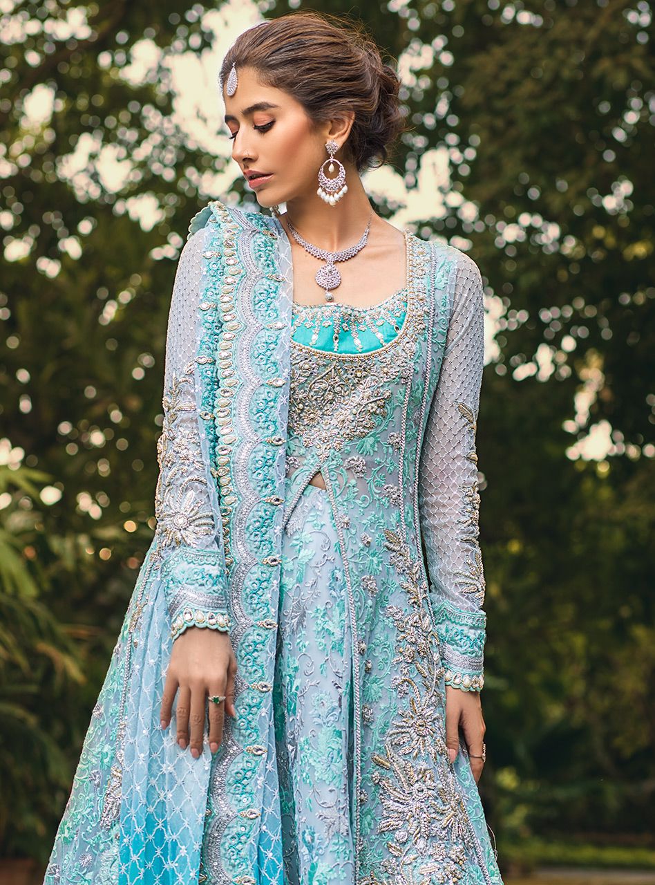 Seafoam Embroidered Net Front-Open Gown Sharara (3-Piece) - Image 7