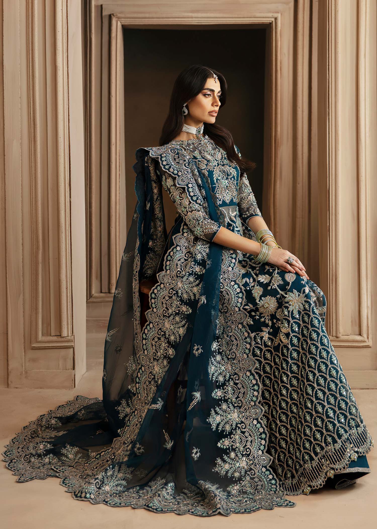 Pakistani Teal Hand-Embellished Organza Sharara (3-Piece) - Image 10