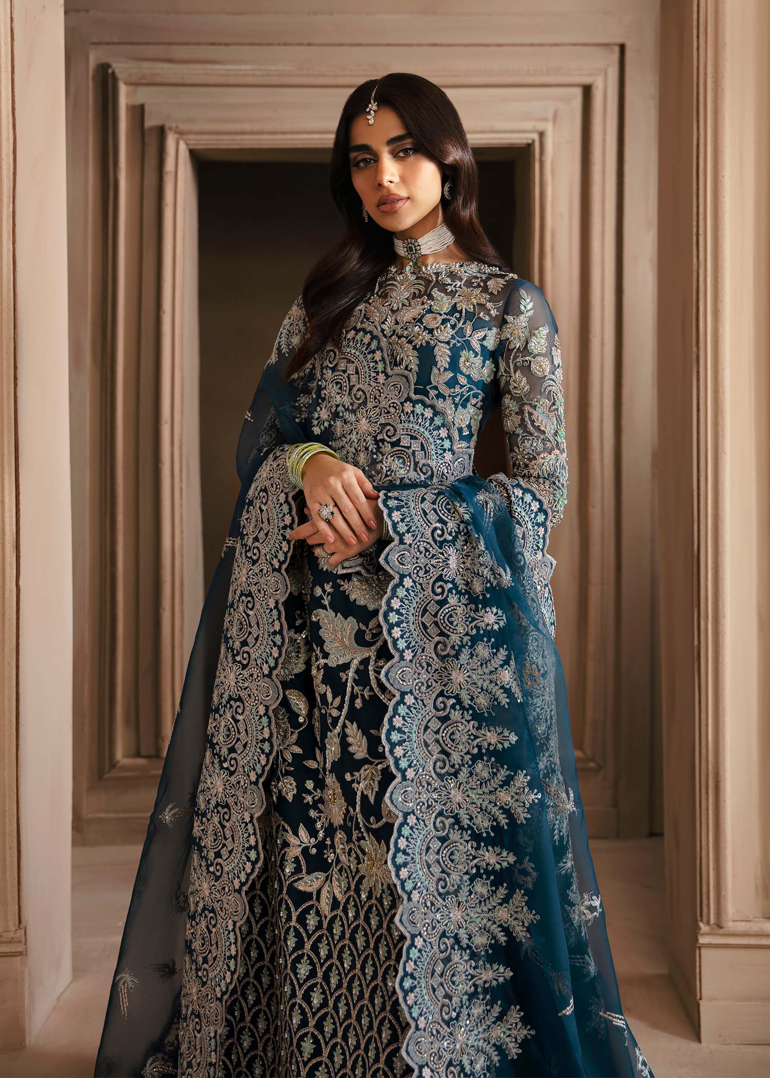 Pakistani Teal Hand-Embellished Organza Sharara (3-Piece) - Image 5