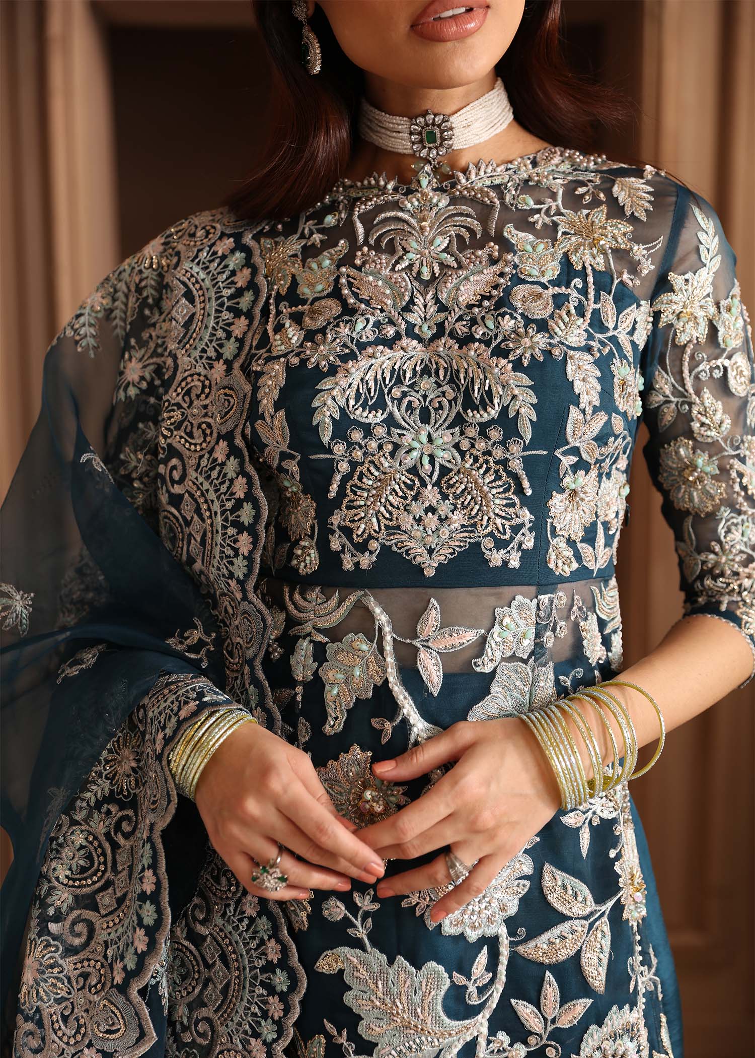 Pakistani Teal Hand-Embellished Organza Sharara (3-Piece) - Image 6
