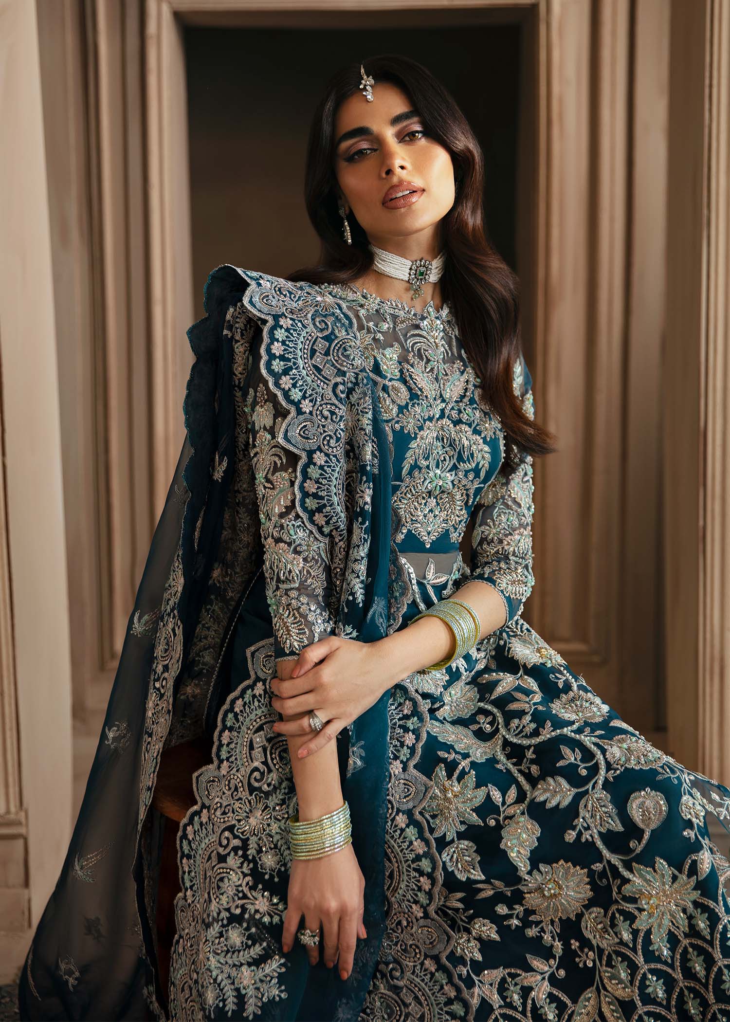 Pakistani Teal Hand-Embellished Organza Sharara (3-Piece) - Image 7