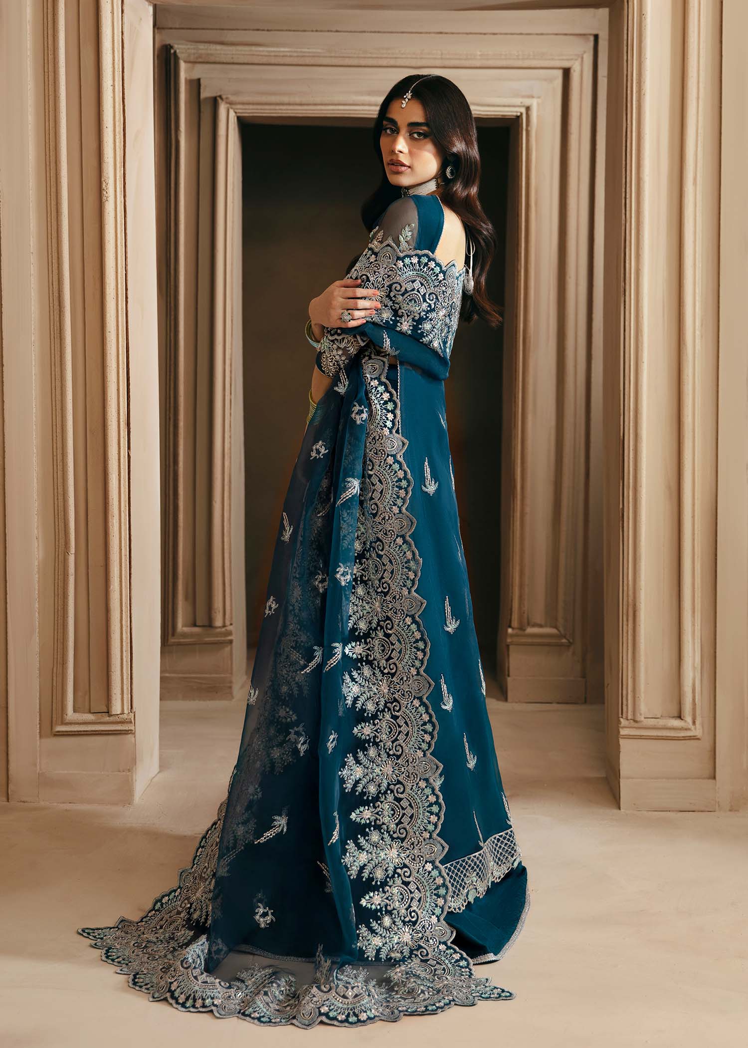 Pakistani Teal Hand-Embellished Organza Sharara (3-Piece) - Image 8