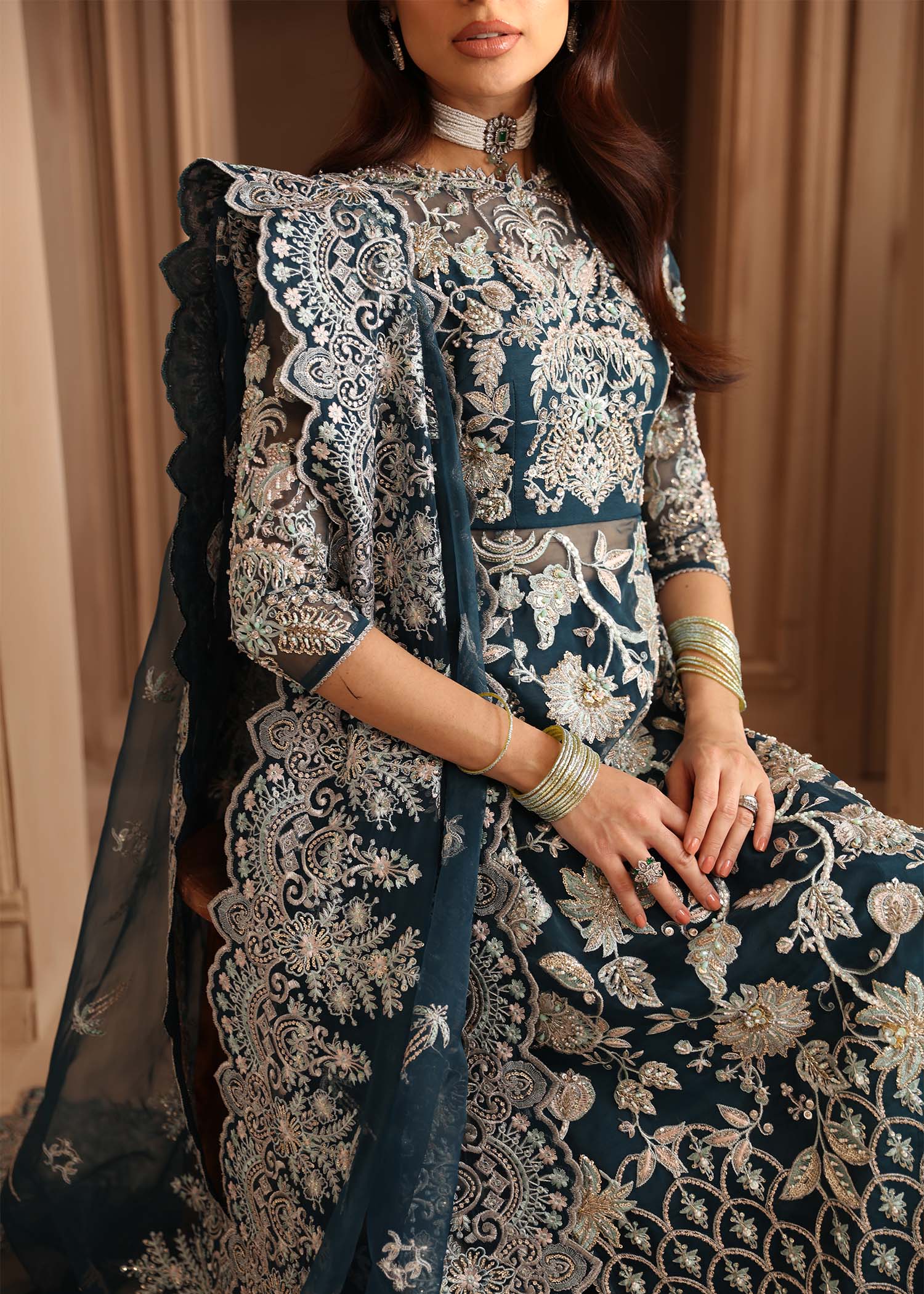 Pakistani Teal Hand-Embellished Organza Sharara (3-Piece) - Image 9