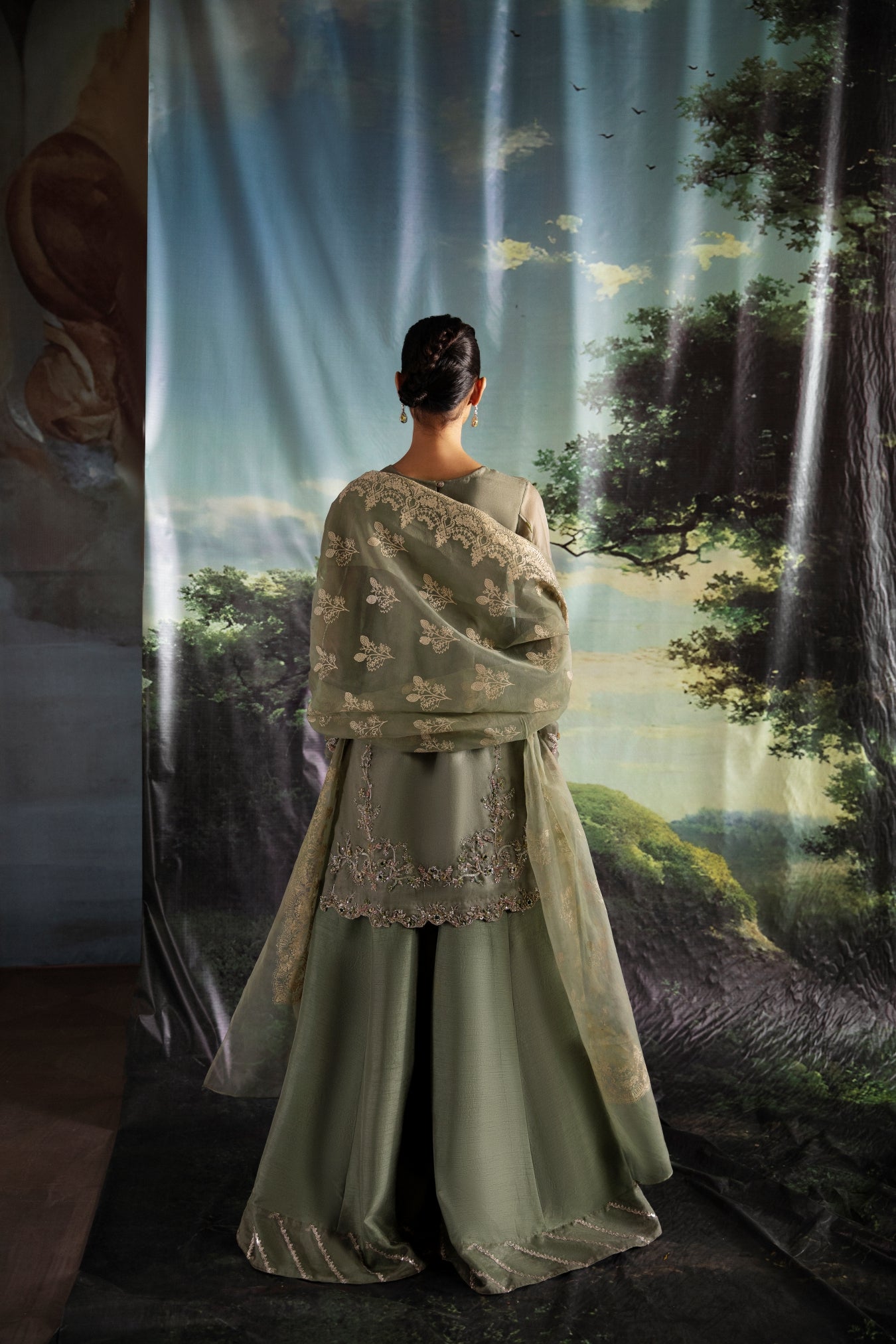 Sage Green Hand-Embellished Organza Sharara (3-Piece) - Image 2