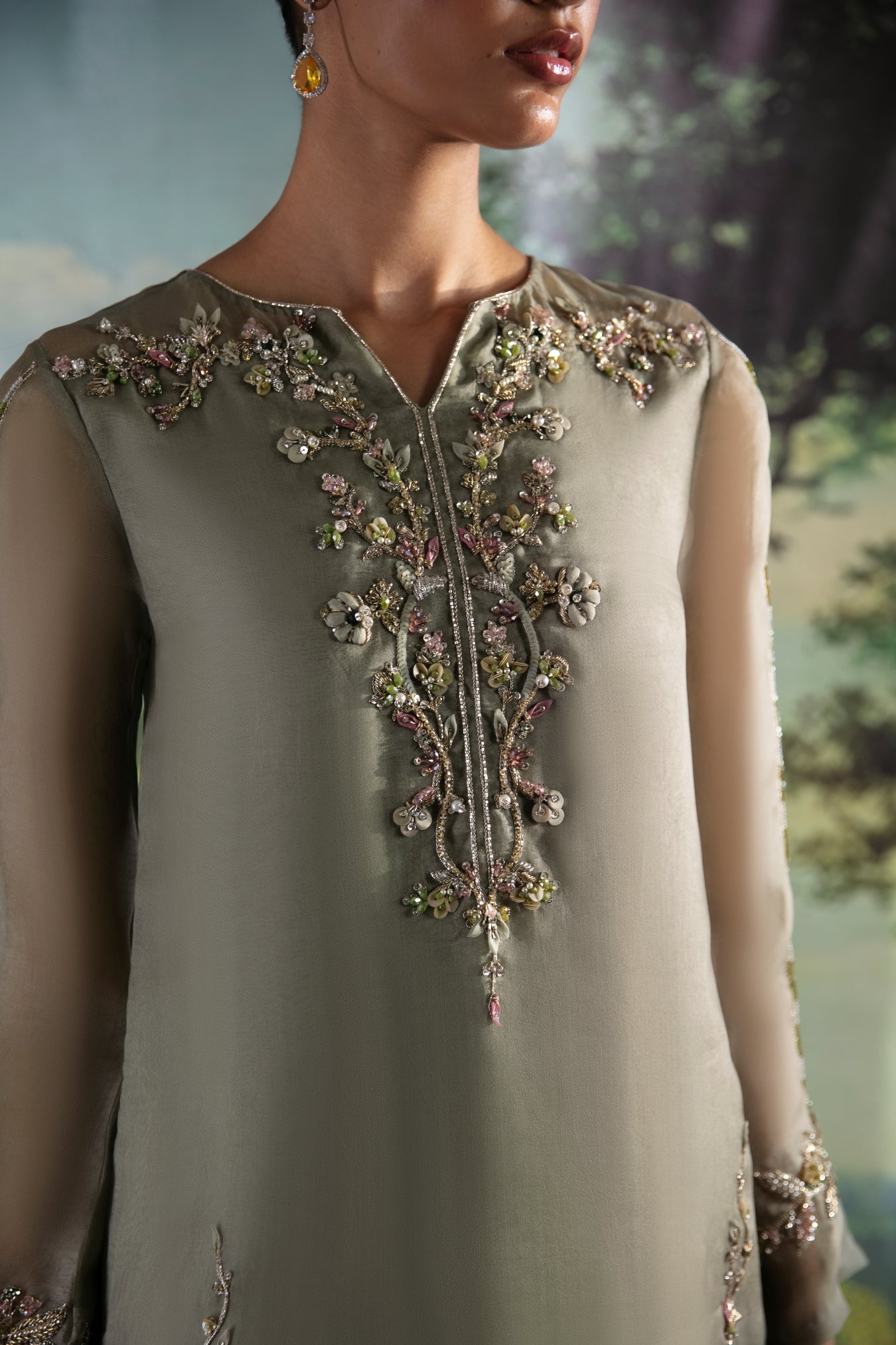 Sage Green Hand-Embellished Organza Sharara (3-Piece) - Image 5