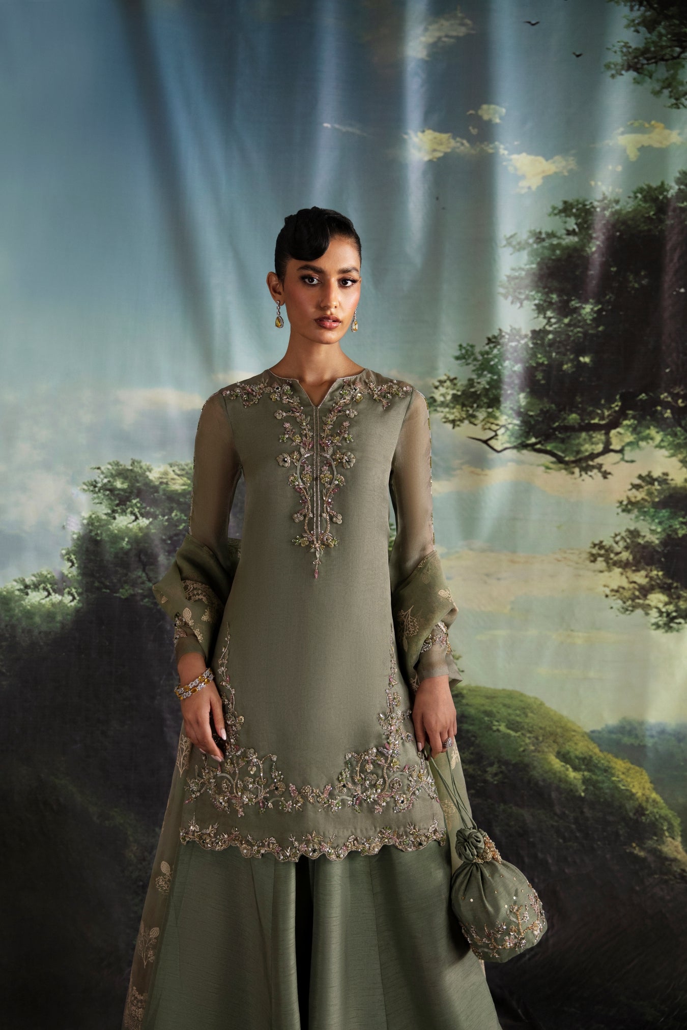 Sage Green Hand-Embellished Organza Sharara (3-Piece) - Image 6