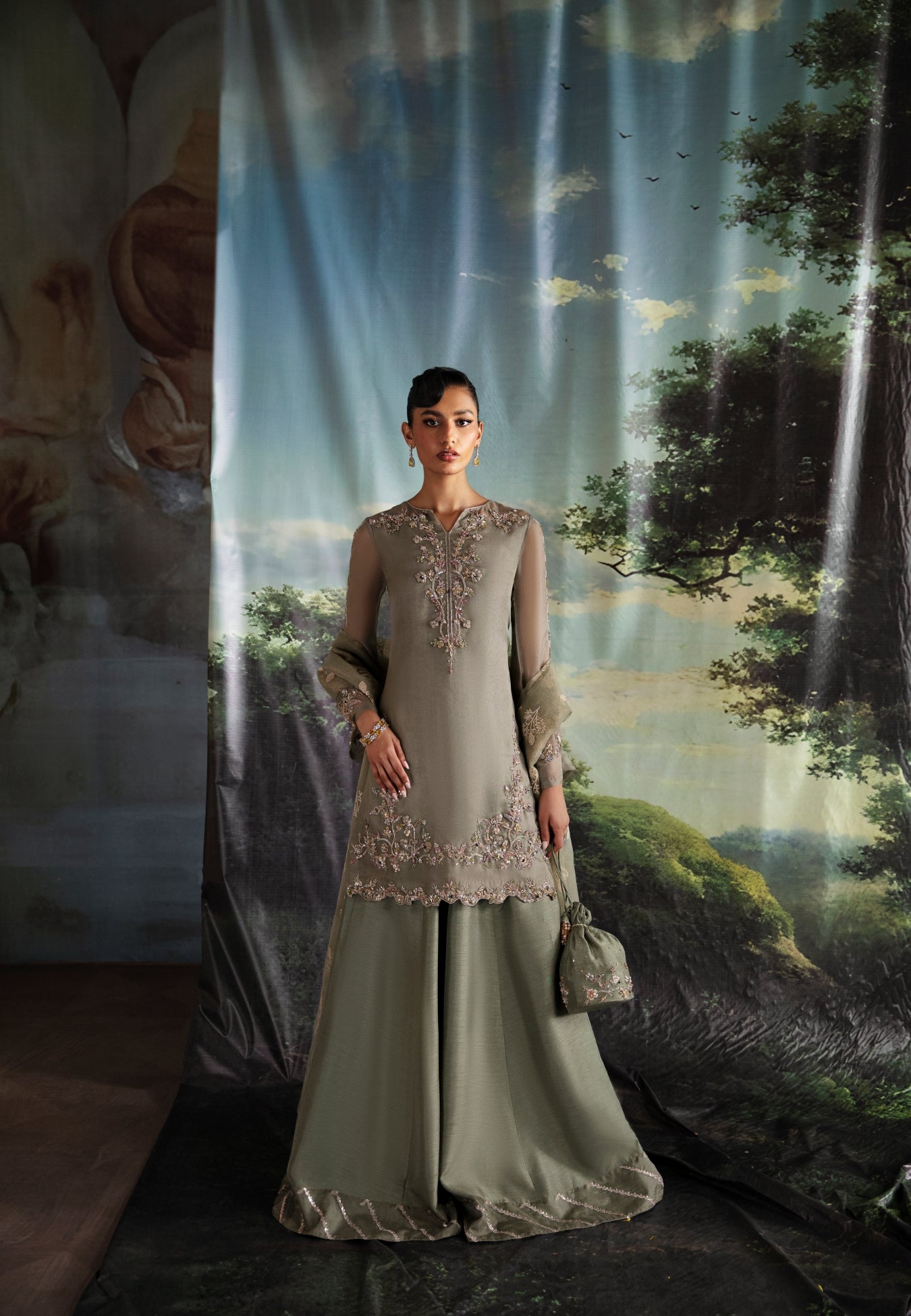 Sage Green Hand-Embellished Organza Sharara (3-Piece) - Image 7