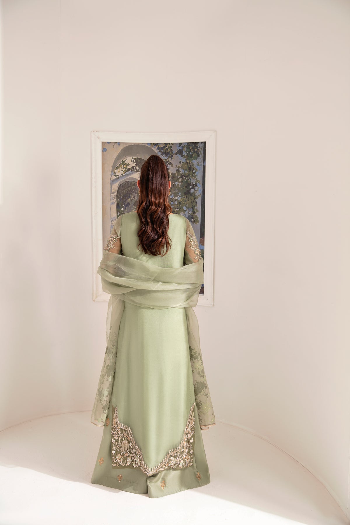 Dull Green Embroidered Organza Sharara (3-Piece) - Image 2