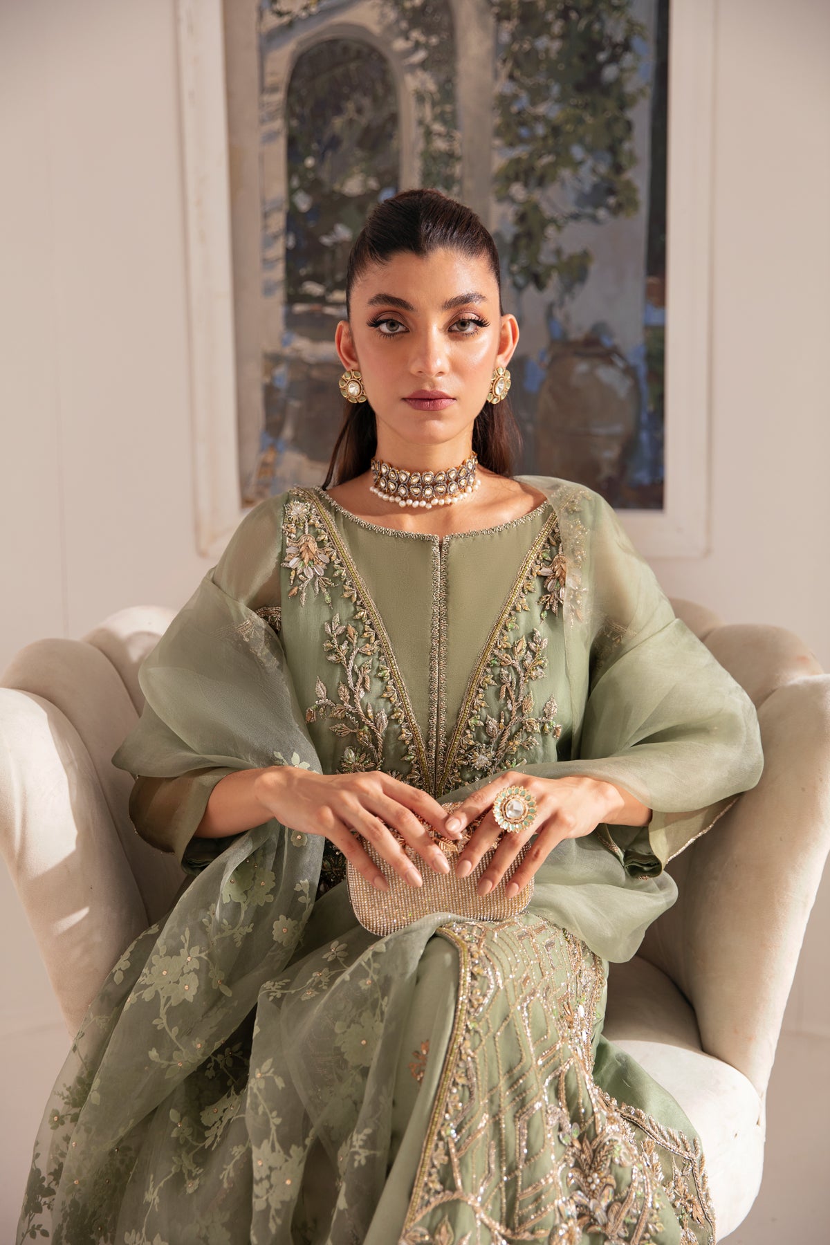 Dull Green Embroidered Organza Sharara (3-Piece) - Image 3