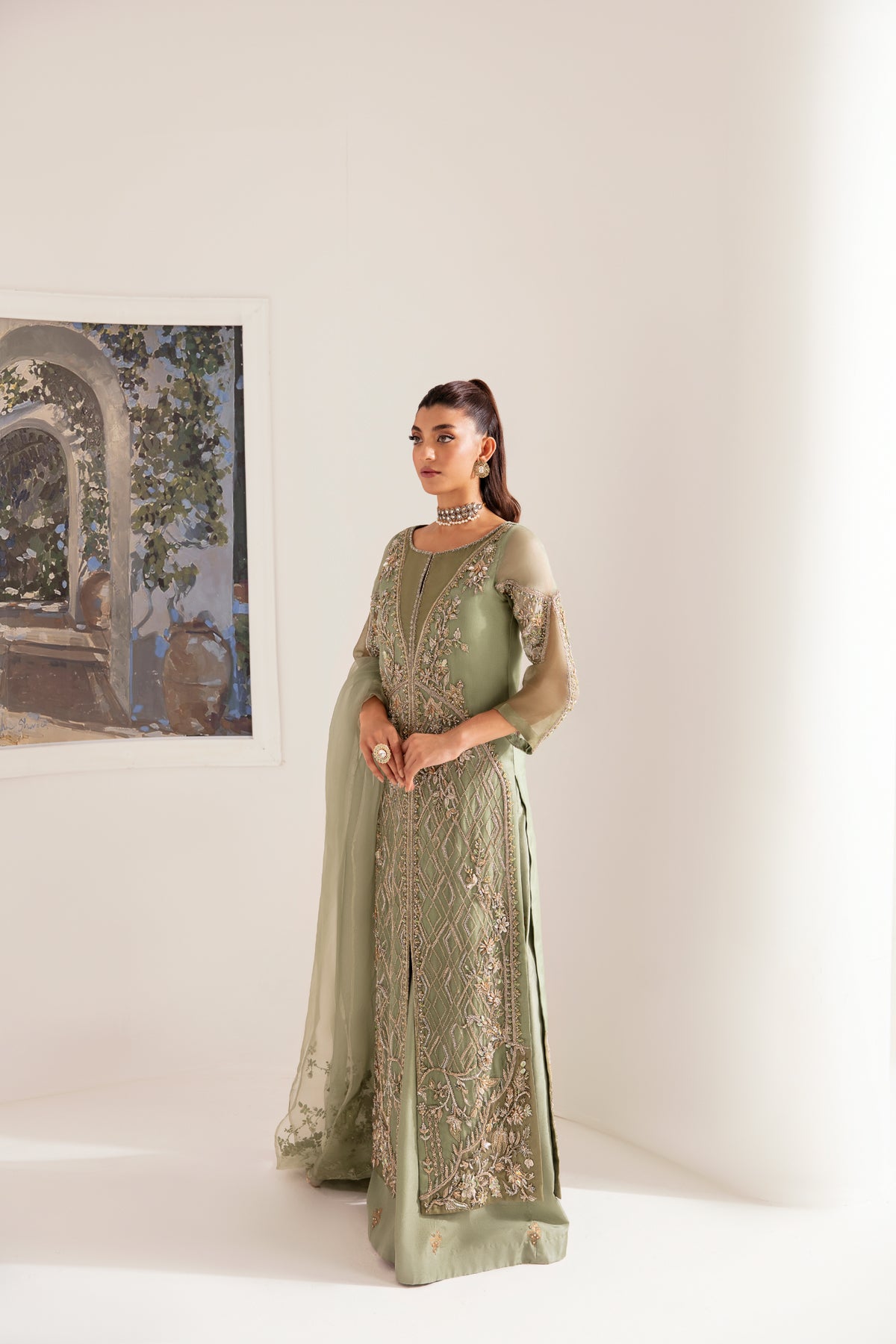 Dull Green Embroidered Organza Sharara (3-Piece) - Image 4