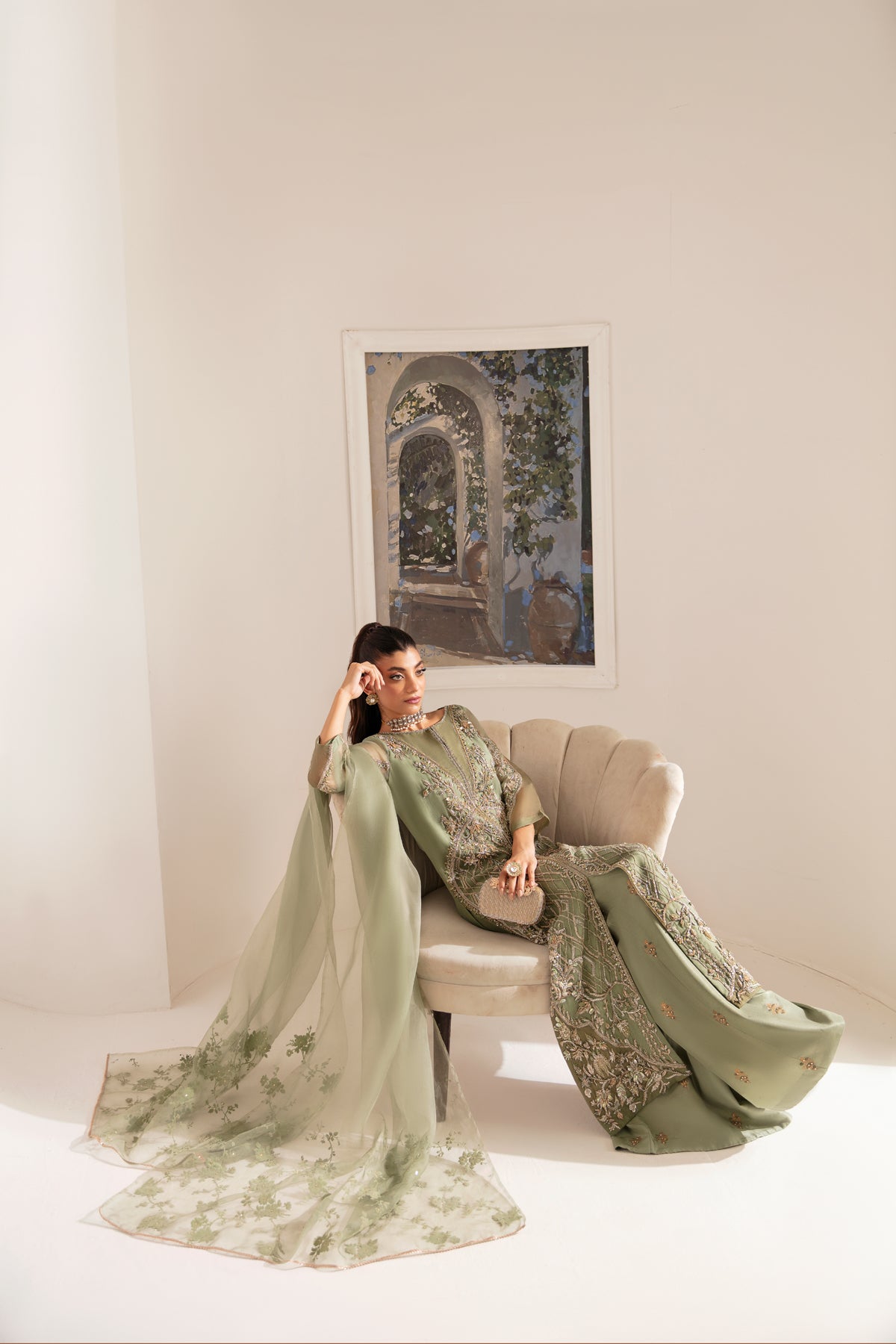 Dull Green Embroidered Organza Sharara (3-Piece) - Image 5