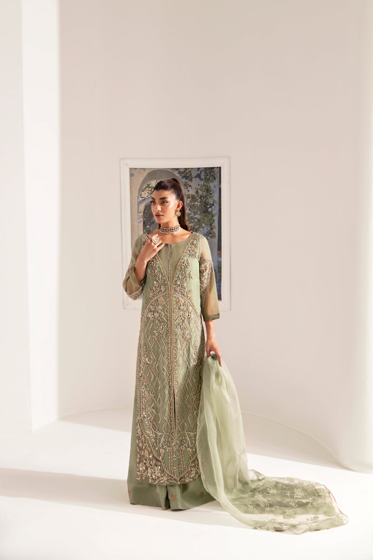 Dull Green Embroidered Organza Sharara (3-Piece) - Image 6