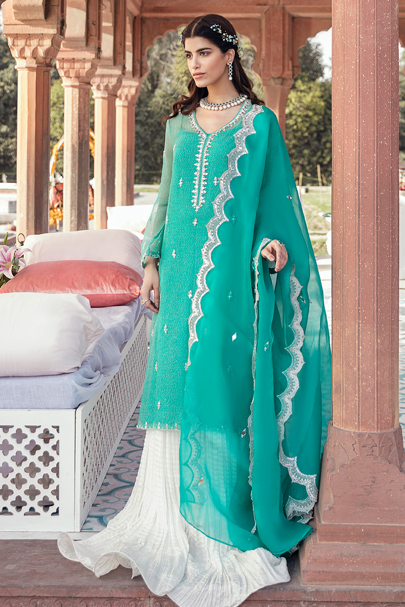 Pakistani Green Handworked Kurta with Crushed Sharara (3-Piece) - Image 1