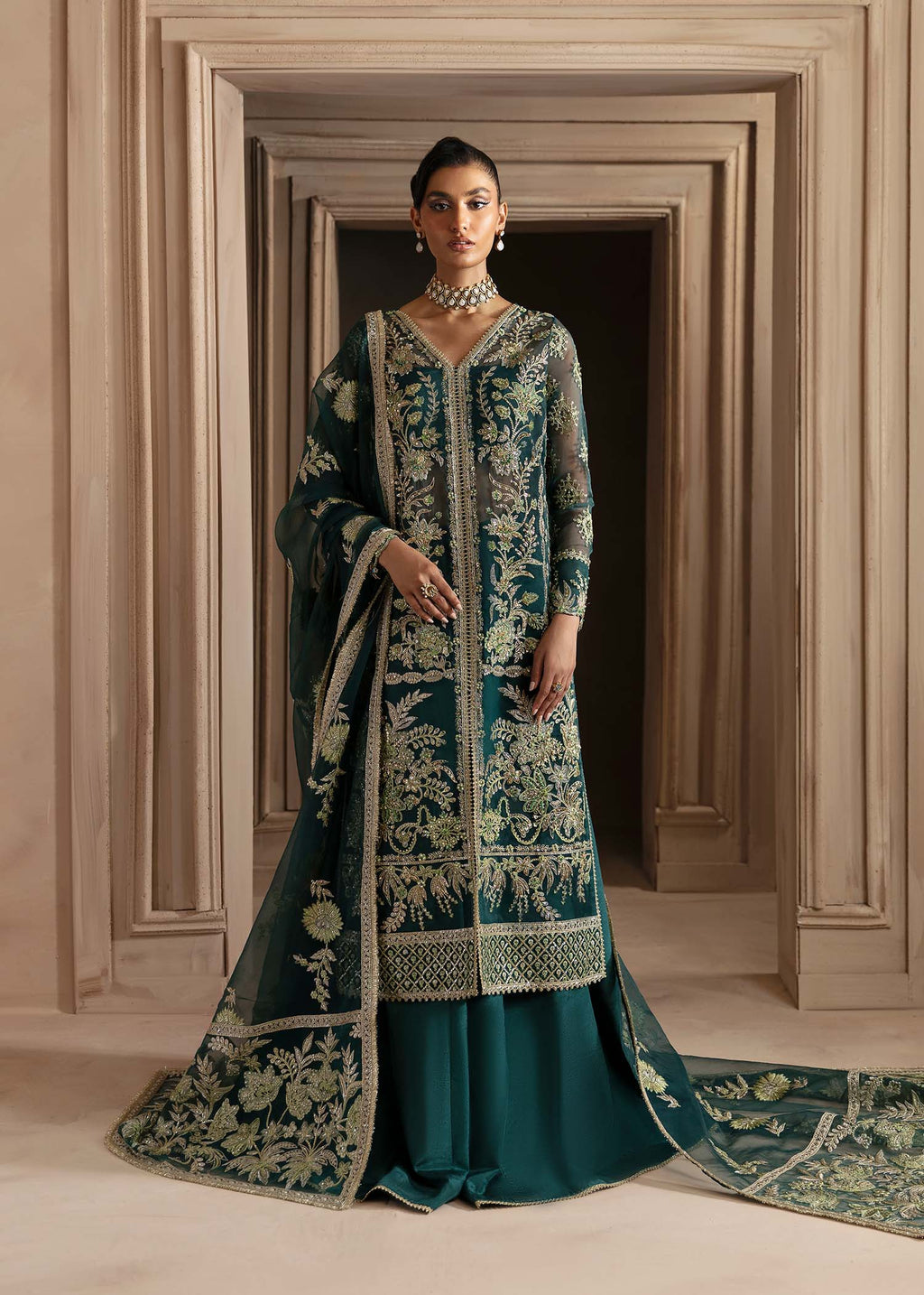 Emerald Green Hand-Embroidered Organza Sharara (3-Piece) - Image 1