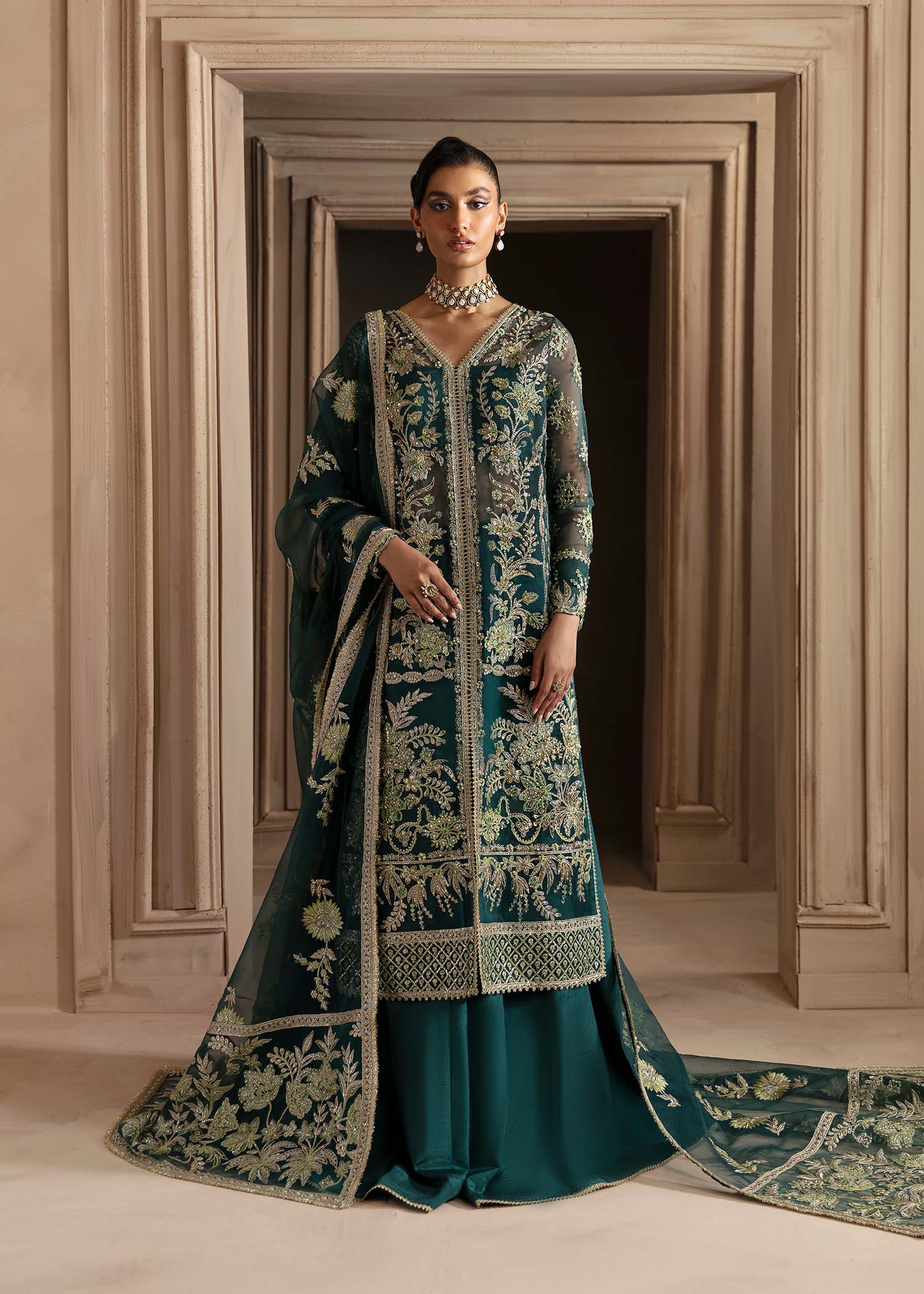 Emerald Green Hand-Embroidered Organza Sharara (3-Piece) - Image 2