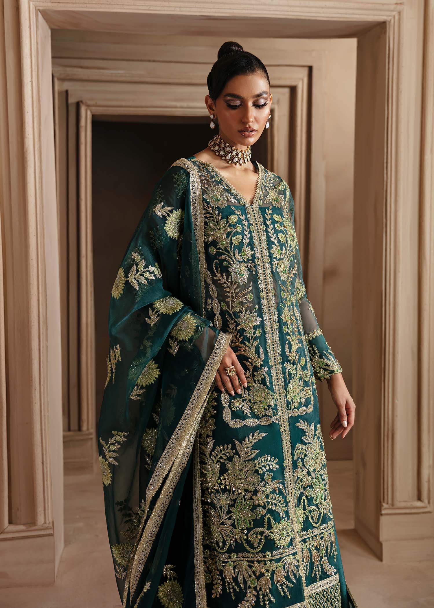 Emerald Green Hand-Embroidered Organza Sharara (3-Piece) - Image 4