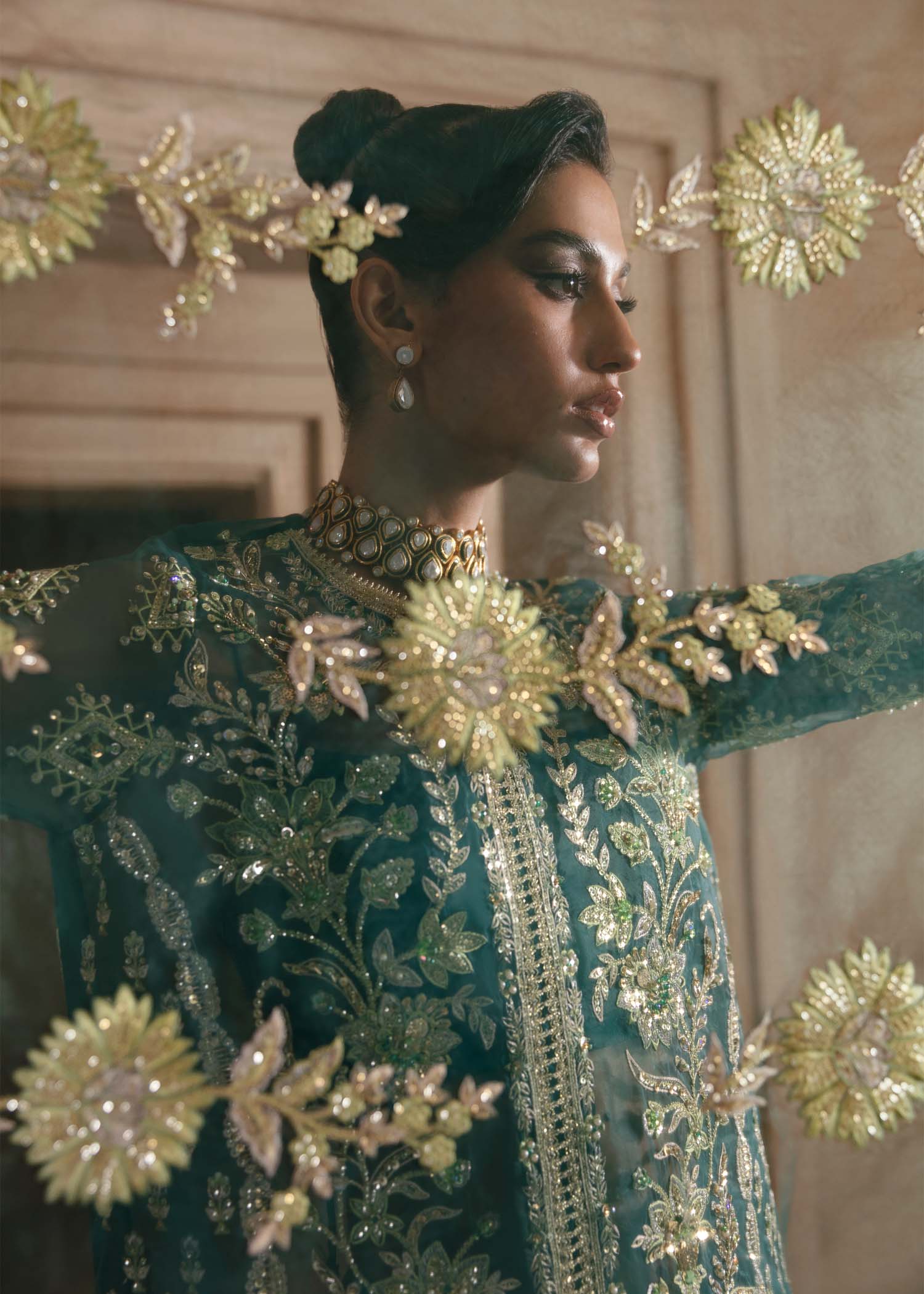 Emerald Green Hand-Embroidered Organza Sharara (3-Piece) - Image 5